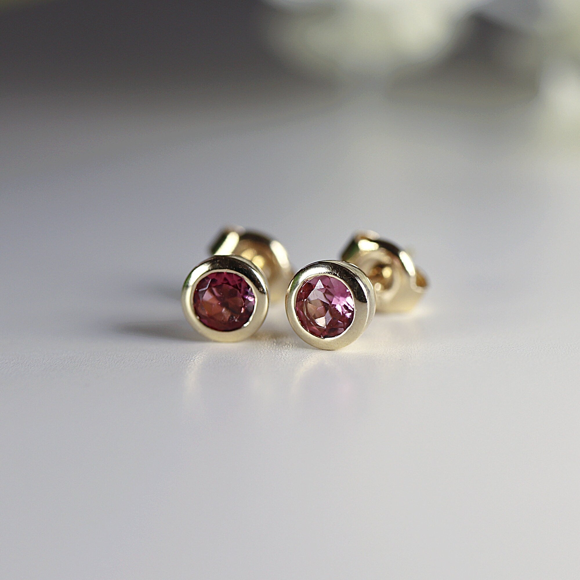 14k Solid Gold Stud Earrings, Pink Tourmaline Bezel Setting Earrings