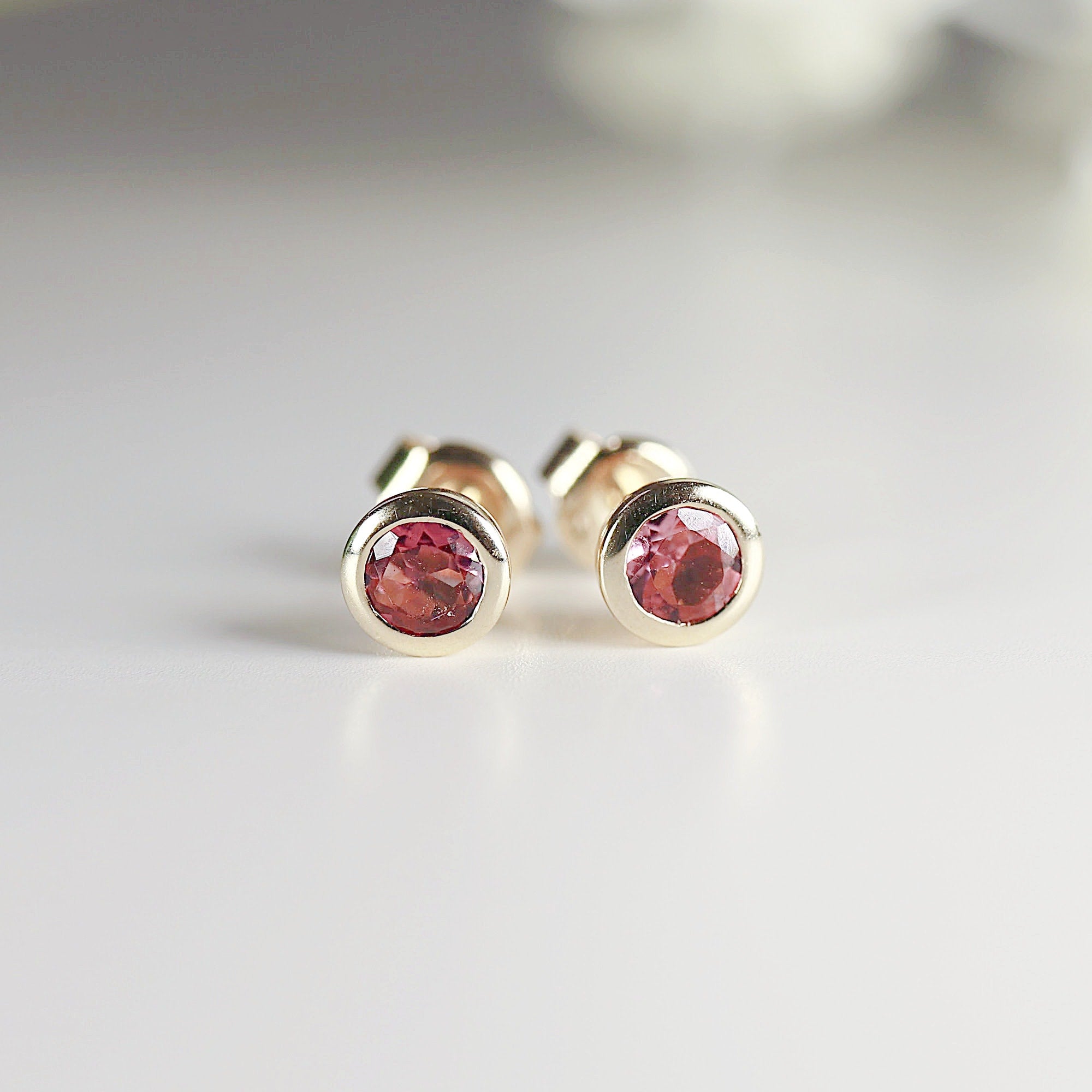 14k Solid Gold Stud Earrings, Pink Tourmaline Bezel Setting Earrings