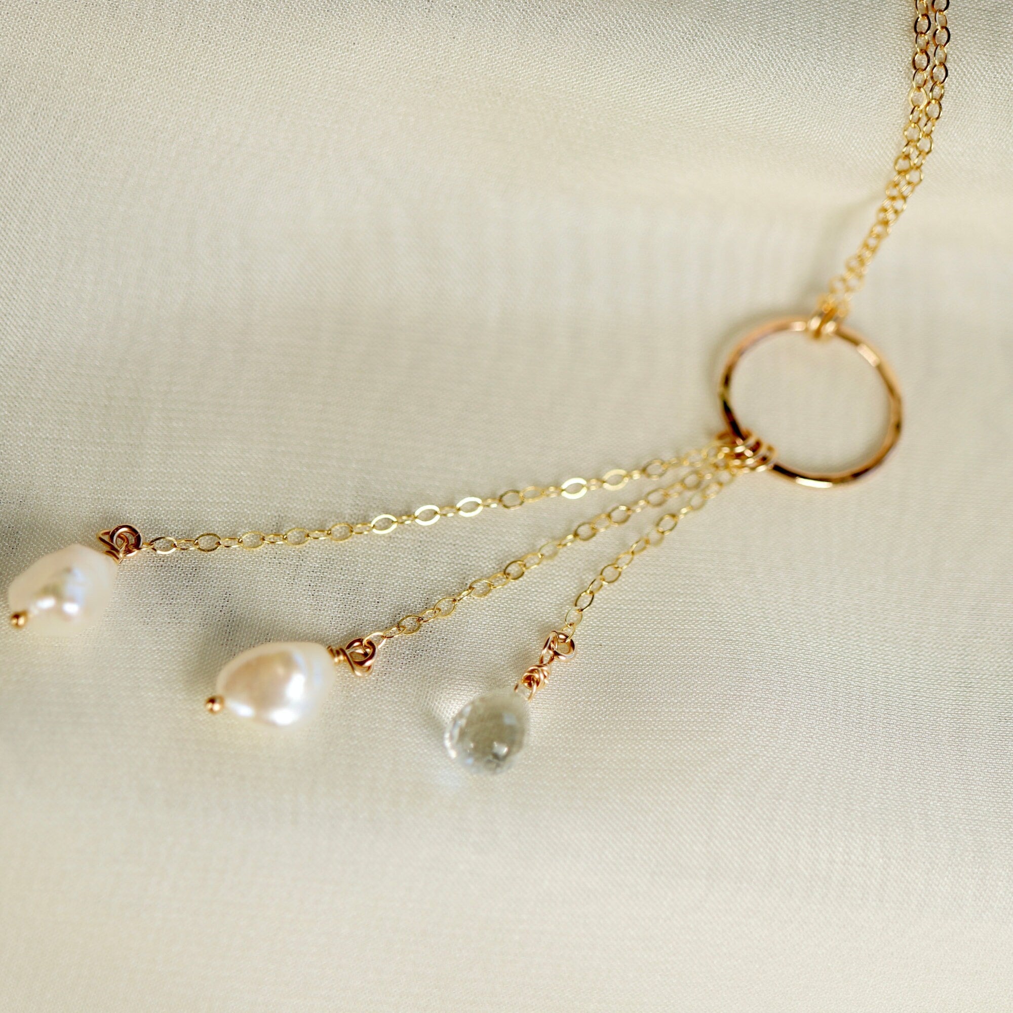 White Topaz and Pearl Gold Lariat Necklace