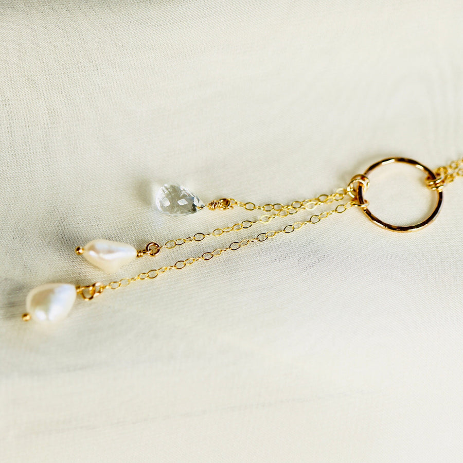 White Topaz and Pearl Gold Lariat Necklace