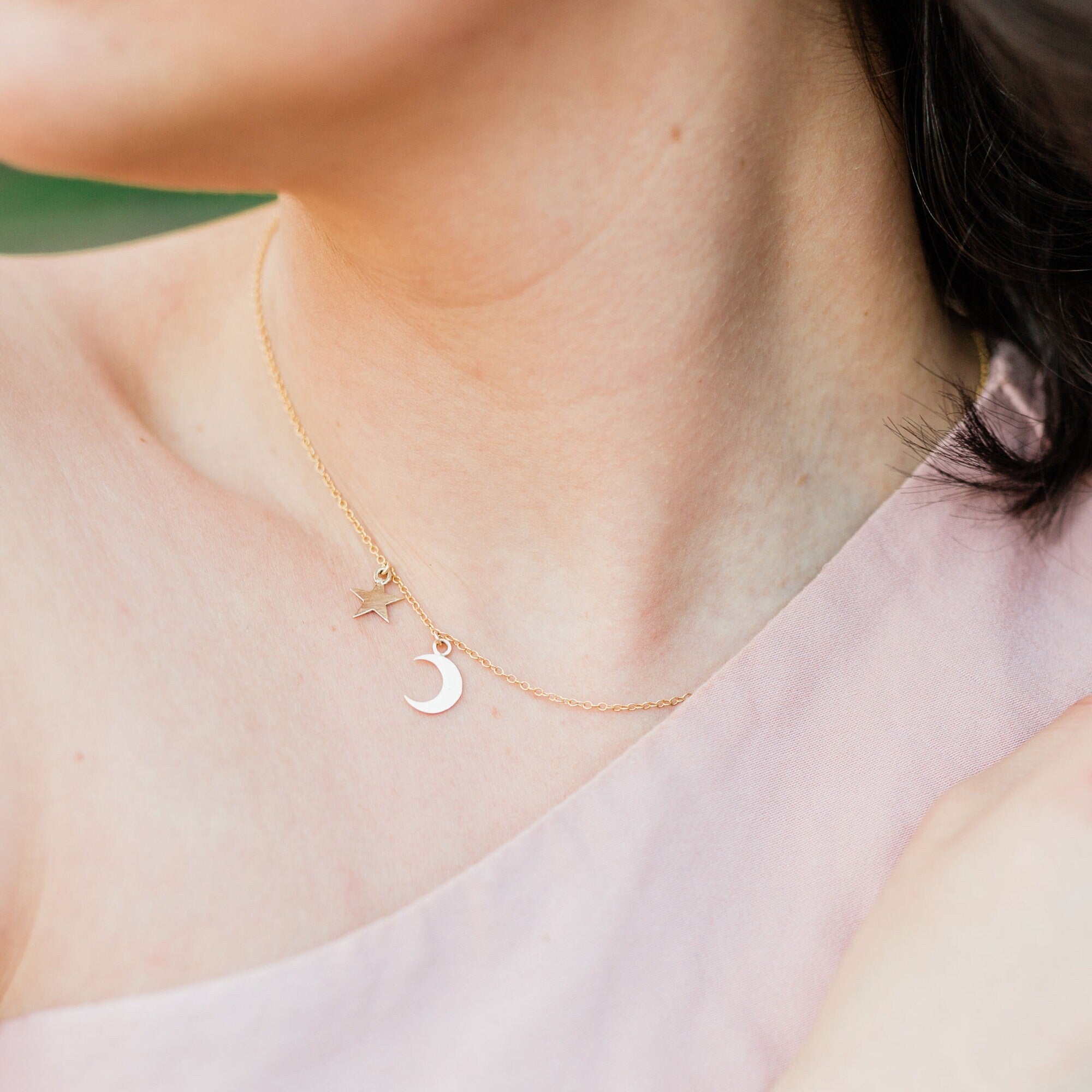 Moon and Star Necklace 14k Solid Gold