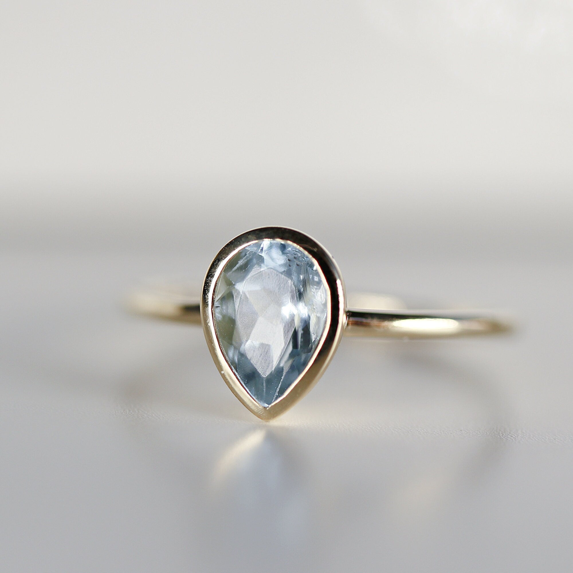 Pear Aquamarine Ring, Bezel Set 14k Gold Ring