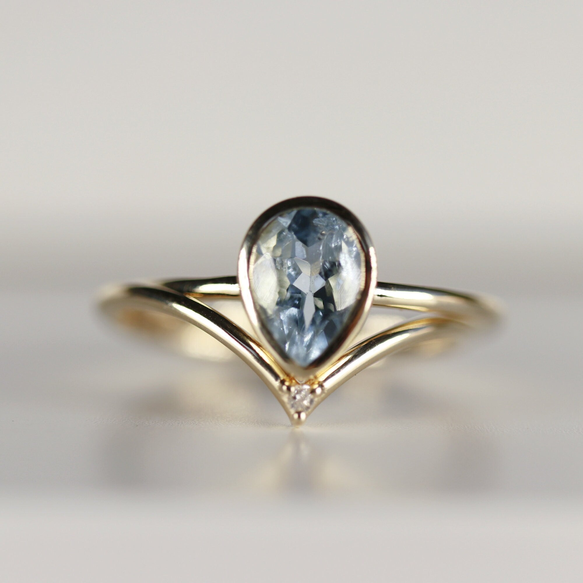 Pear Aquamarine Ring, Bezel Set 14k Gold Ring