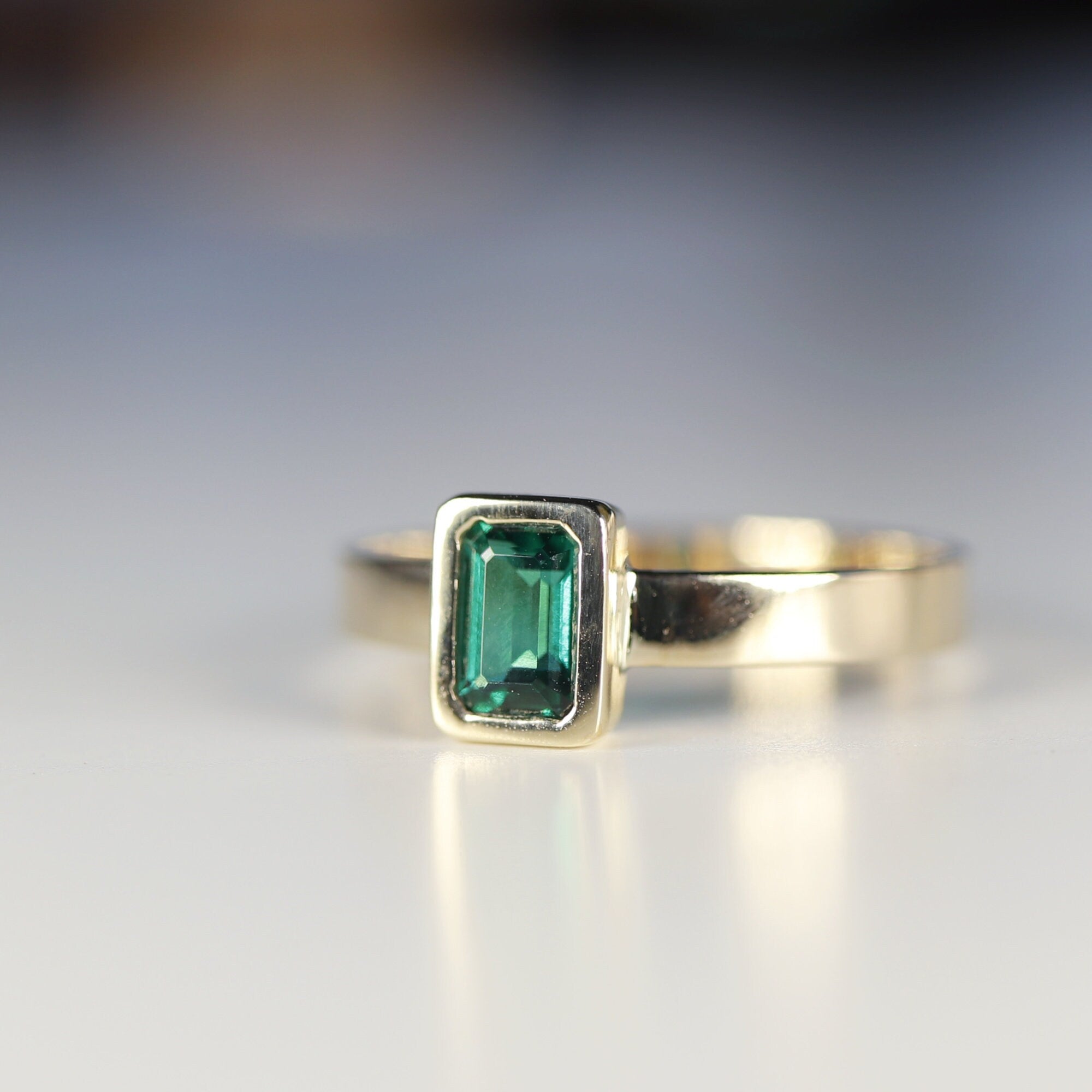 Bezel Set Emerald Ring 14k Solid Gold, Mens Emerald Ring, Emerald Cut Emerald Unisex Ring, Thick Band May Birthstone Ring, Fathers Day Gift