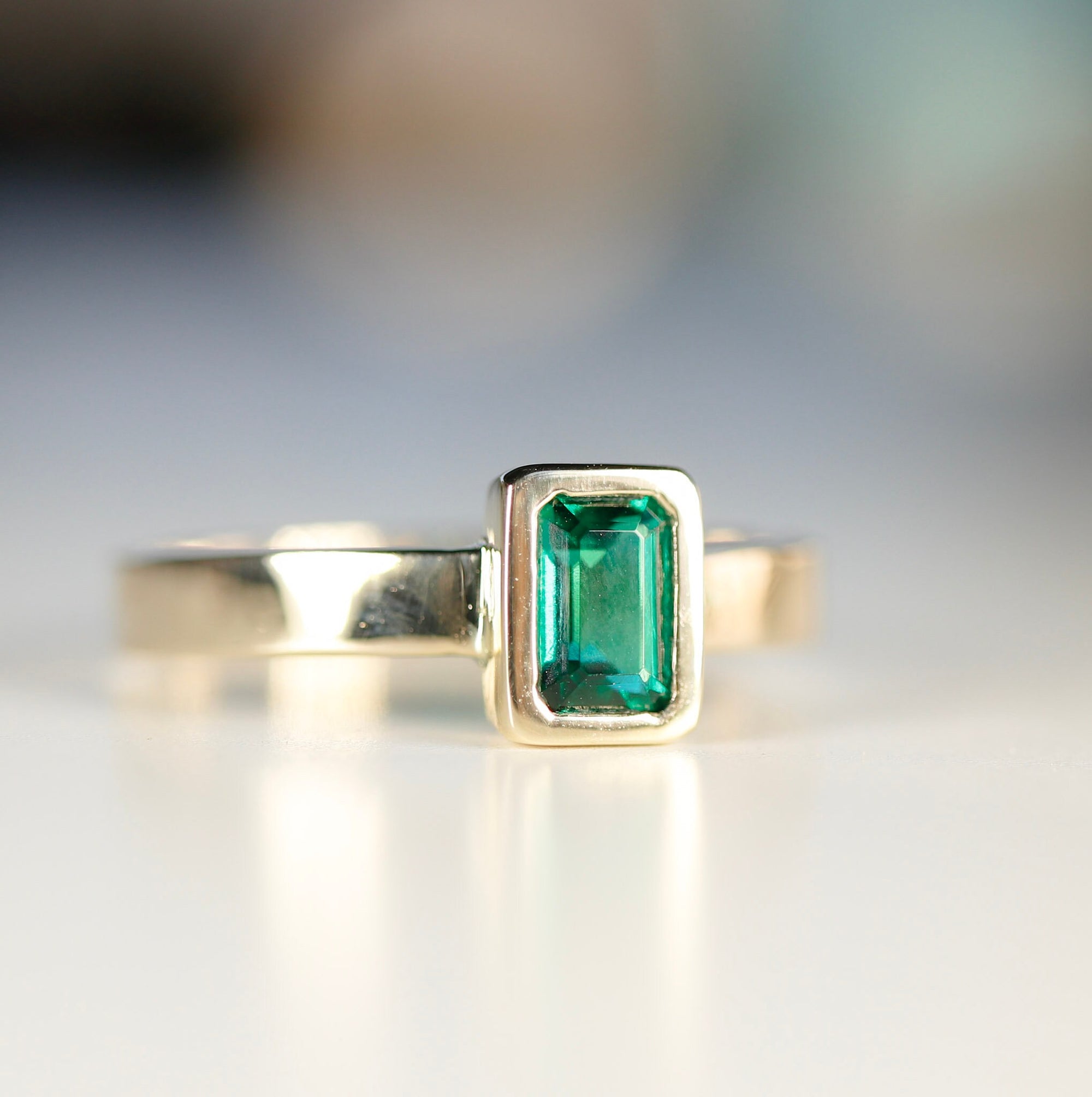 Bezel Set Emerald Ring 14k Solid Gold, Mens Emerald Ring, Emerald Cut Emerald Unisex Ring, Thick Band May Birthstone Ring, Fathers Day Gift