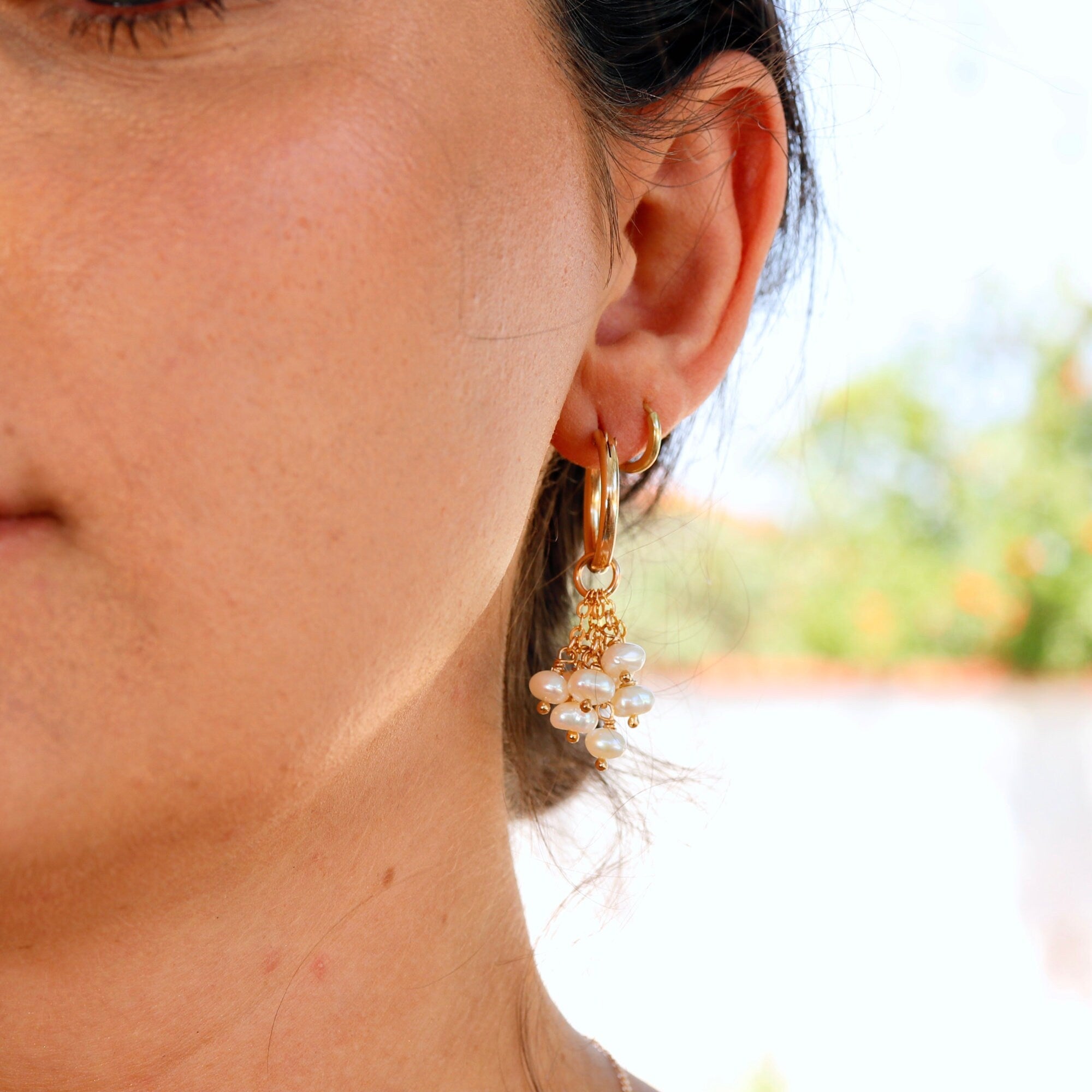Gold Filled Pearl Hoops - Pearl Cluster Earrings