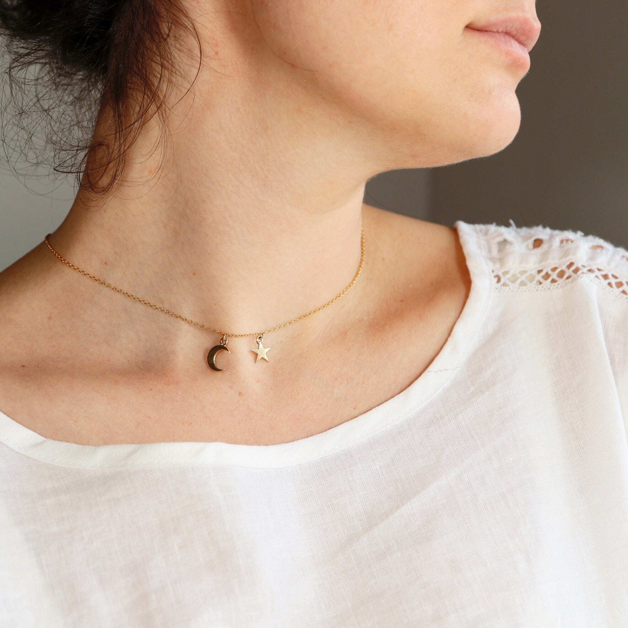 Moon and Star Necklace 14k Solid Gold