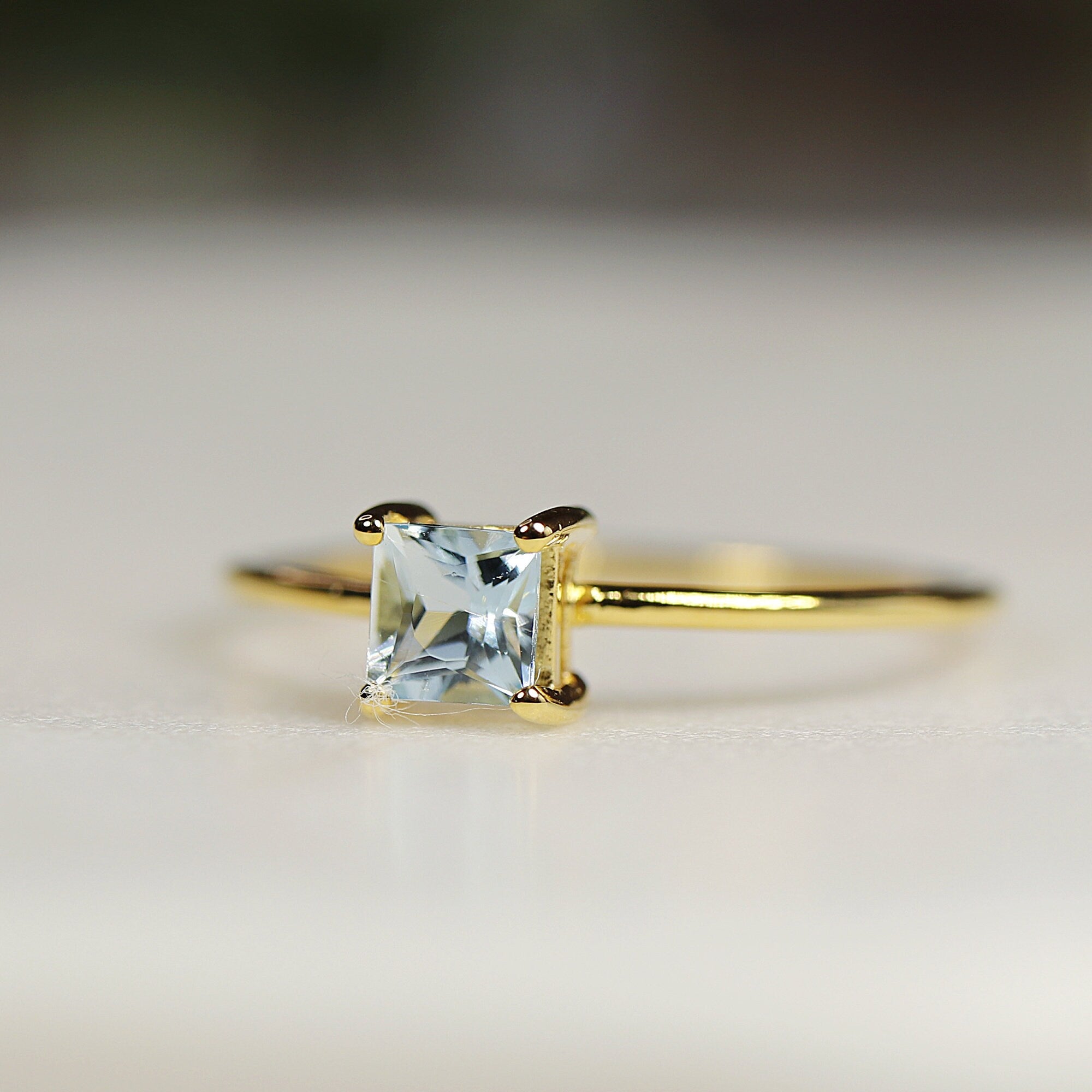 14k Gold Square Princess Aquamarine Ring