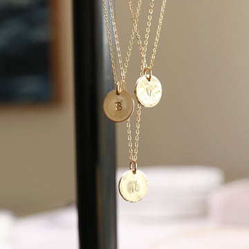 Initial Necklace Gold Filled or Sterling Silver, Personalized Jewelry, Hammered Gold Coin Necklace, Hand Stamped Gold Disc Necklace