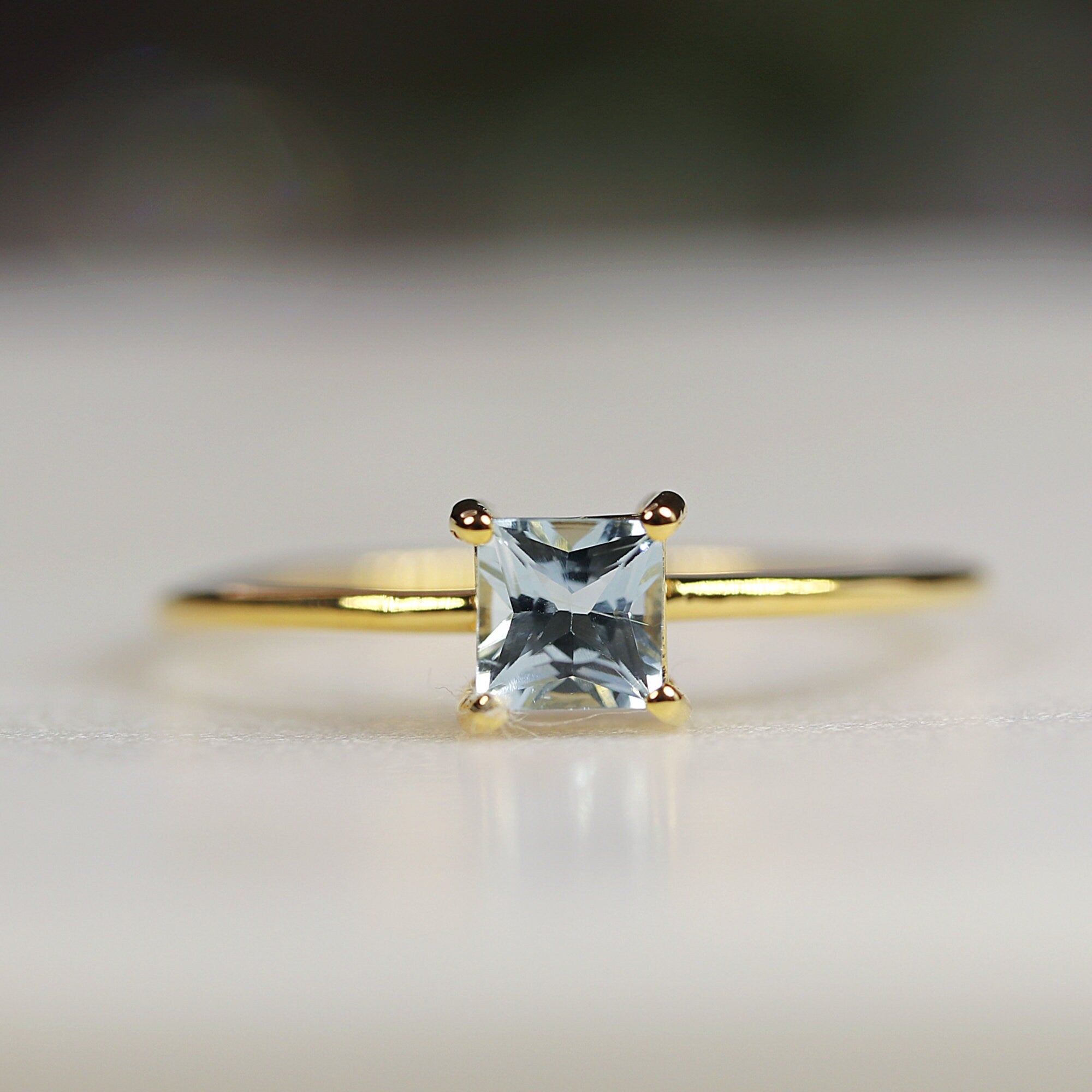 14k Gold Square Princess Aquamarine Ring