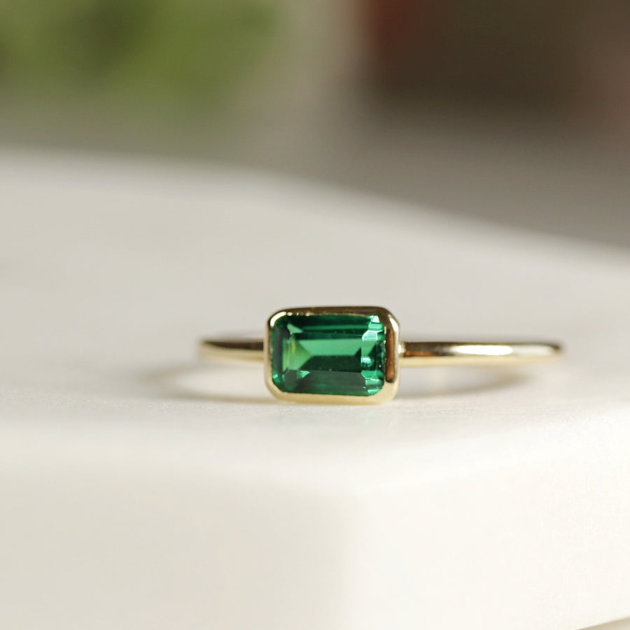Bezel Set Emerald Ring, Emerald Cut Emerald Ring, East West Minimalist Emerald Engagement Ring