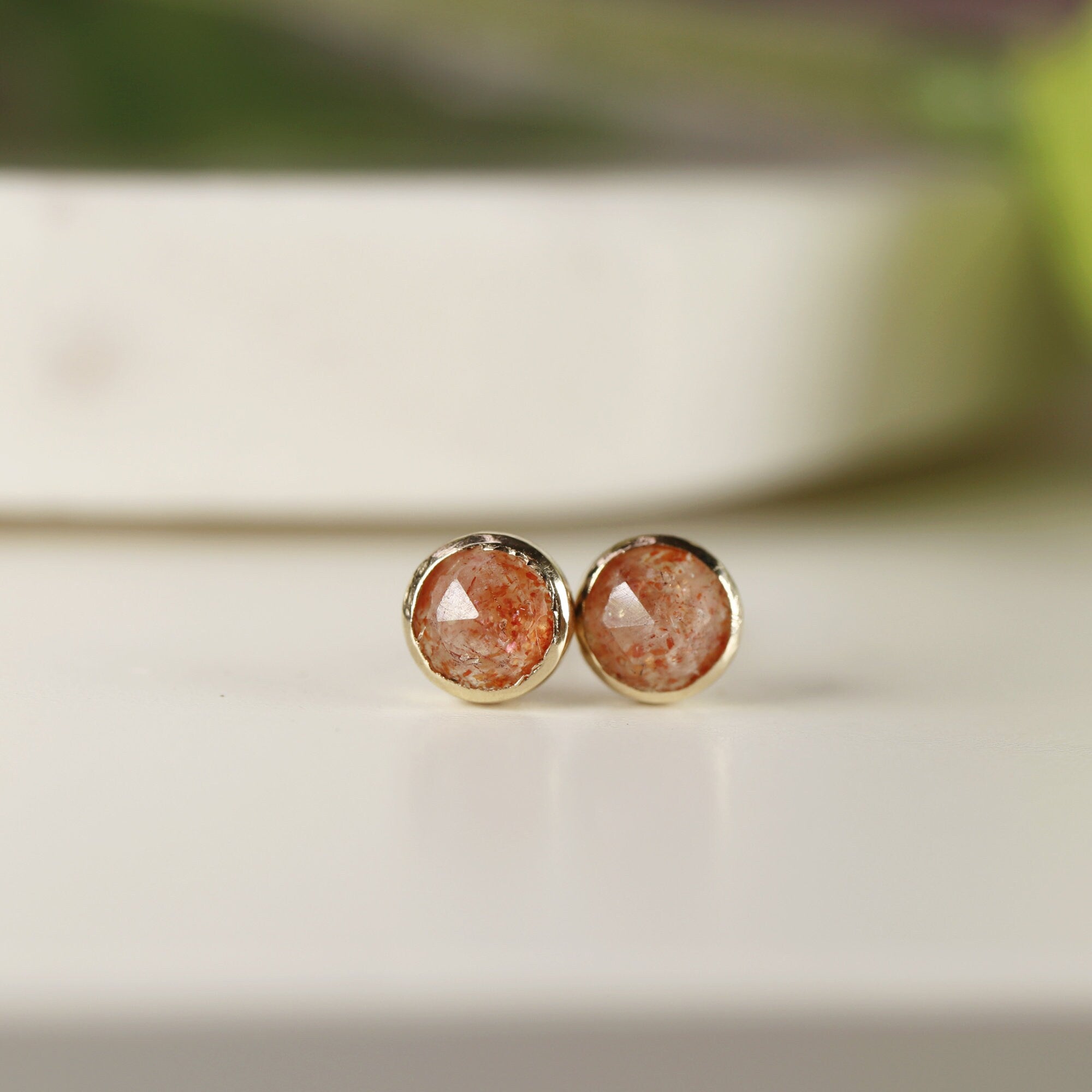 Sunstone Stud Earrings 14k Solid Gold, Sunstone Earrings, Bezel Set Orange Gemstone Earrings, Handmade Jewelry, Gift for Mom