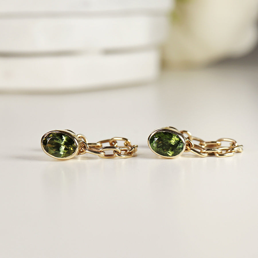 14k Solid Gold Green Tourmaline Chain Earrings