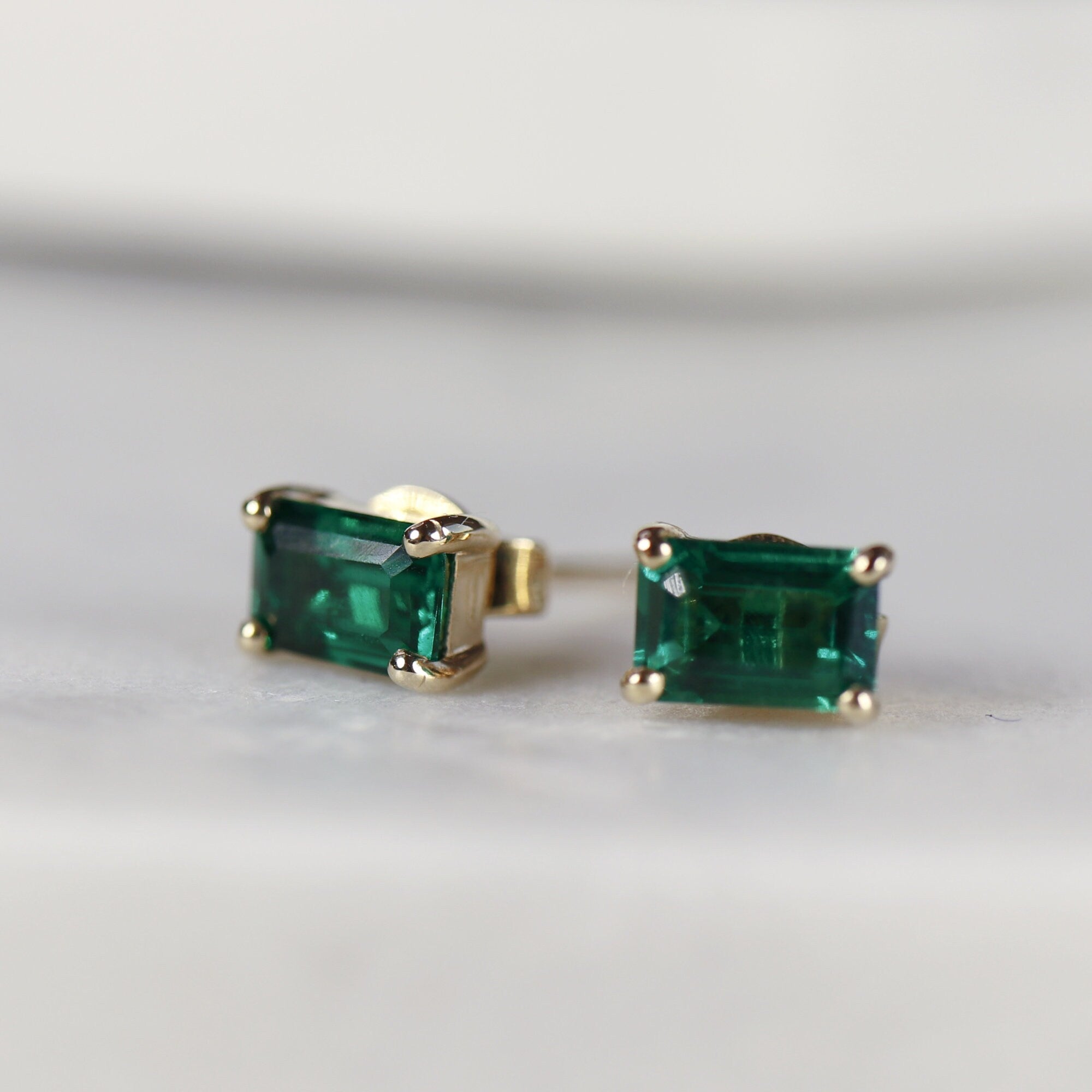 14k Gold Emerald Earrings, Emerald Cut Emerald Stud Earrings