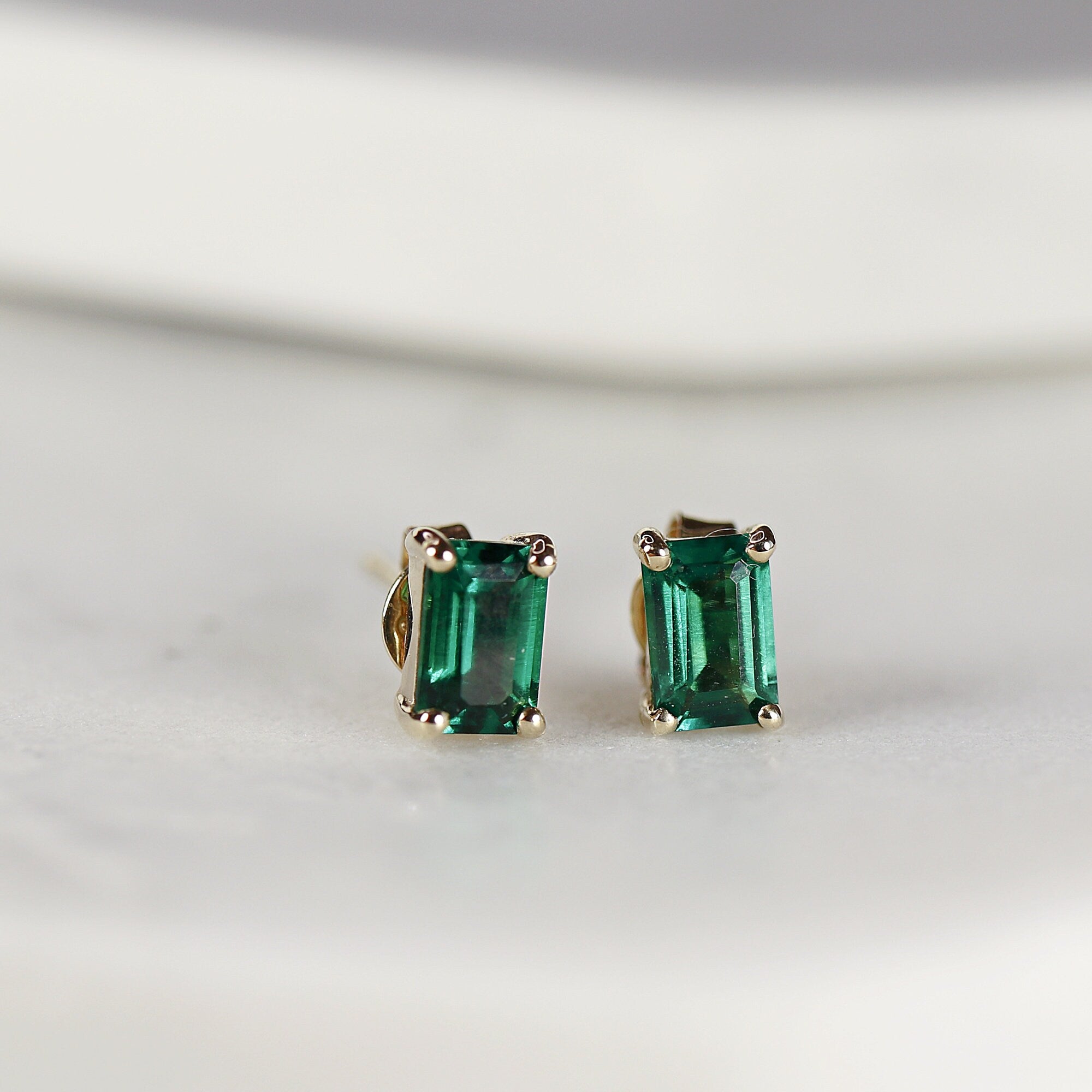 14k Gold Emerald Earrings, Emerald Cut Emerald Stud Earrings