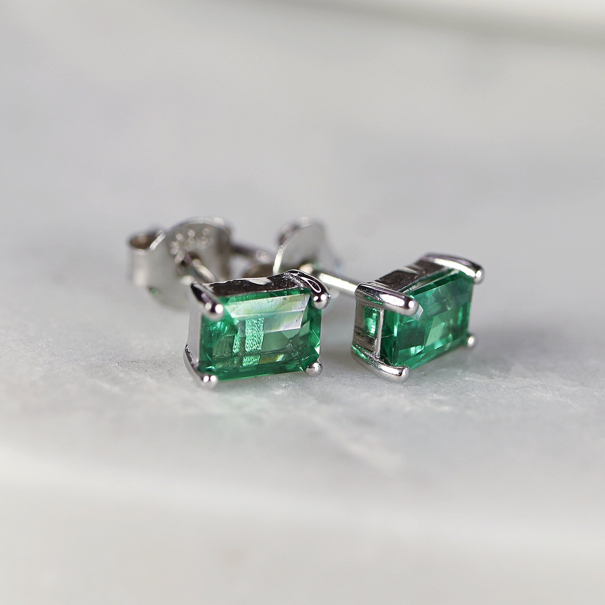 14k Gold Emerald Earrings, Emerald Cut Emerald Stud Earrings