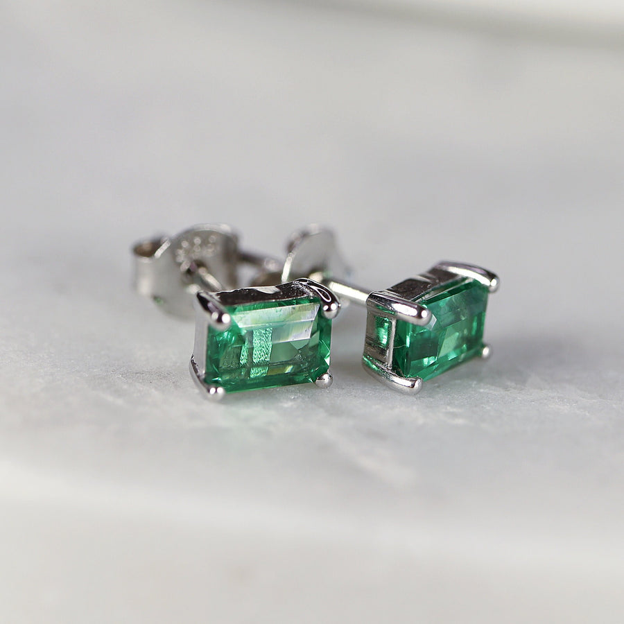14k Gold Emerald Earrings, Emerald Cut Emerald Stud Earrings