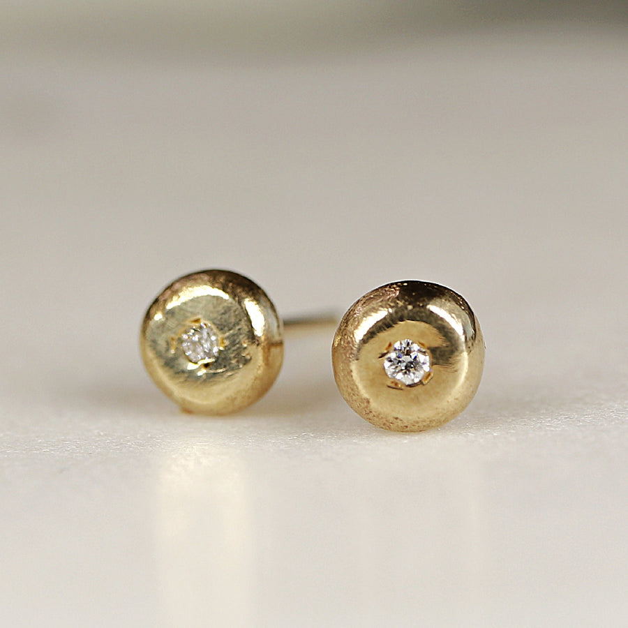Rustic Diamond Pebble Stud Earrings 14k Solid Gold