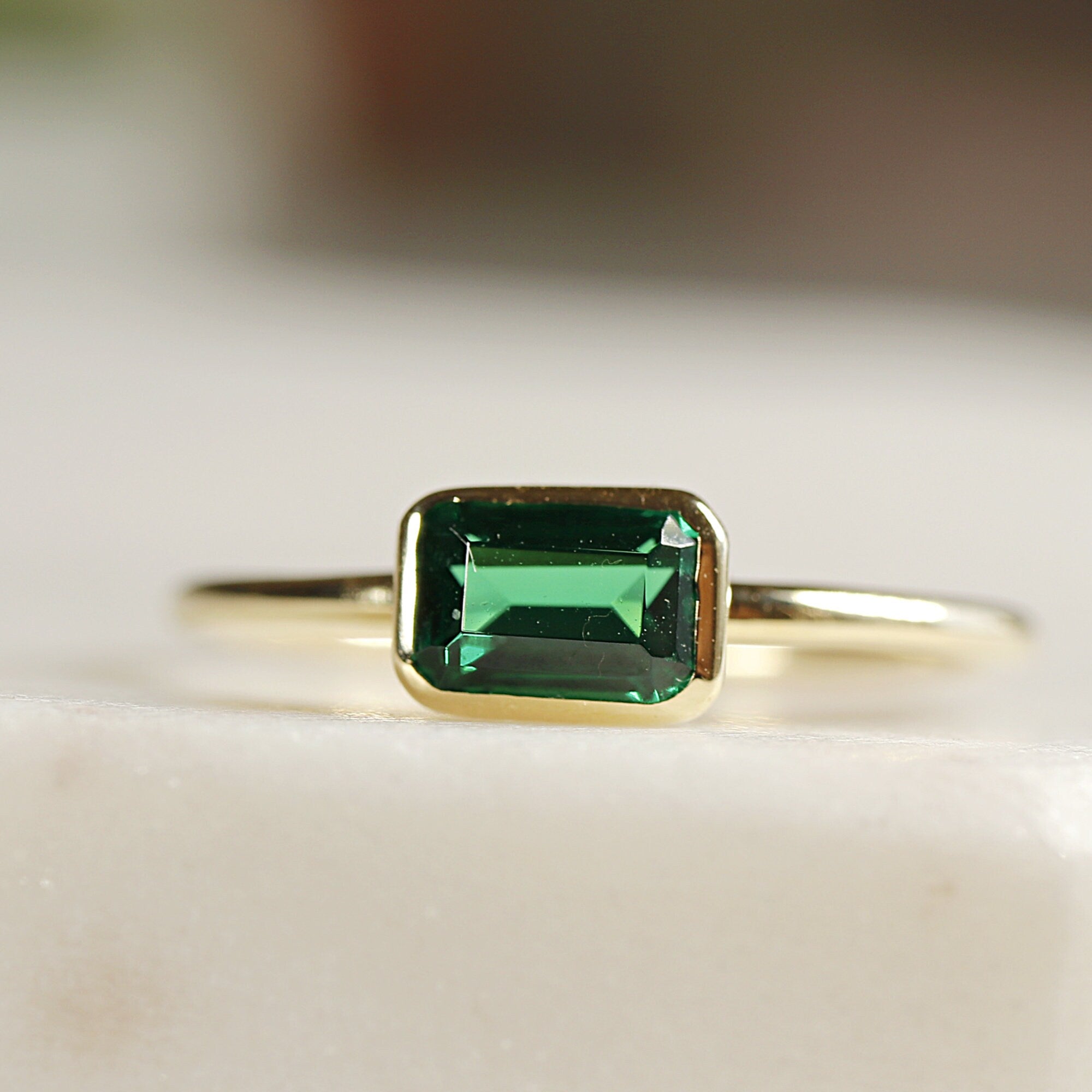 Bezel Set Emerald Ring, Emerald Cut Emerald Ring, East West Minimalist ...