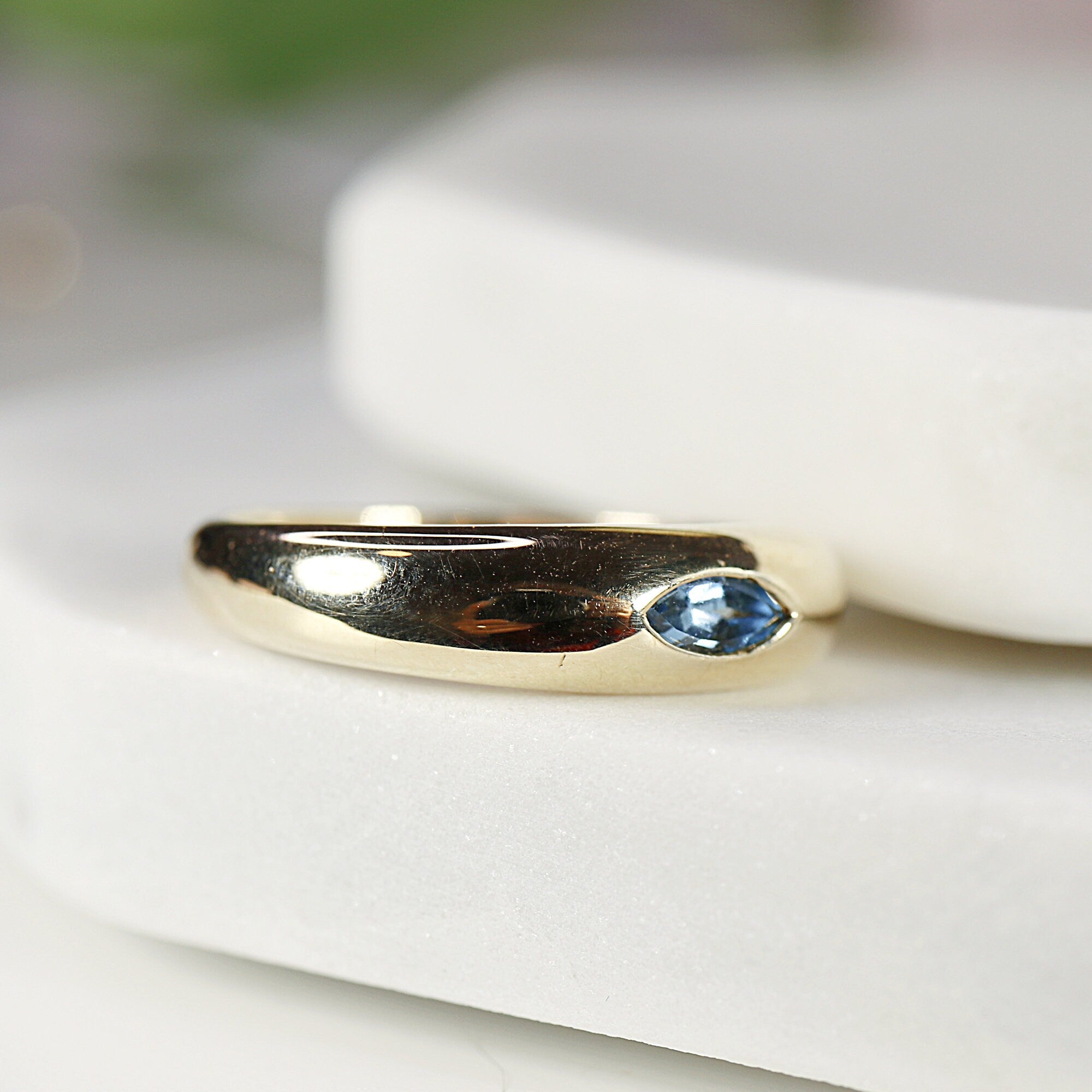 14k Gold Minimalist Dome Ring With Marquise London Blue Topaz