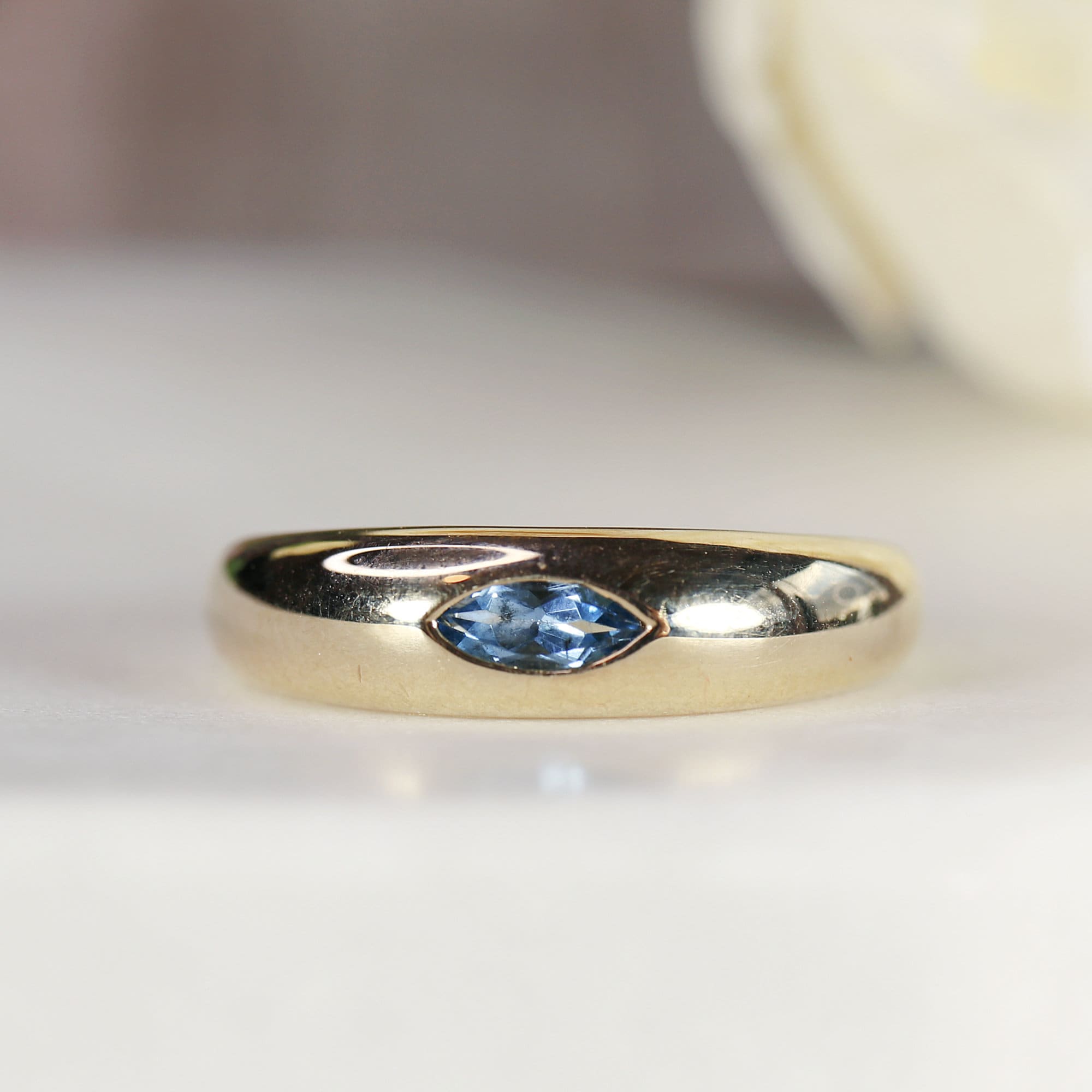 14k Gold Minimalist Dome Ring With Marquise London Blue Topaz