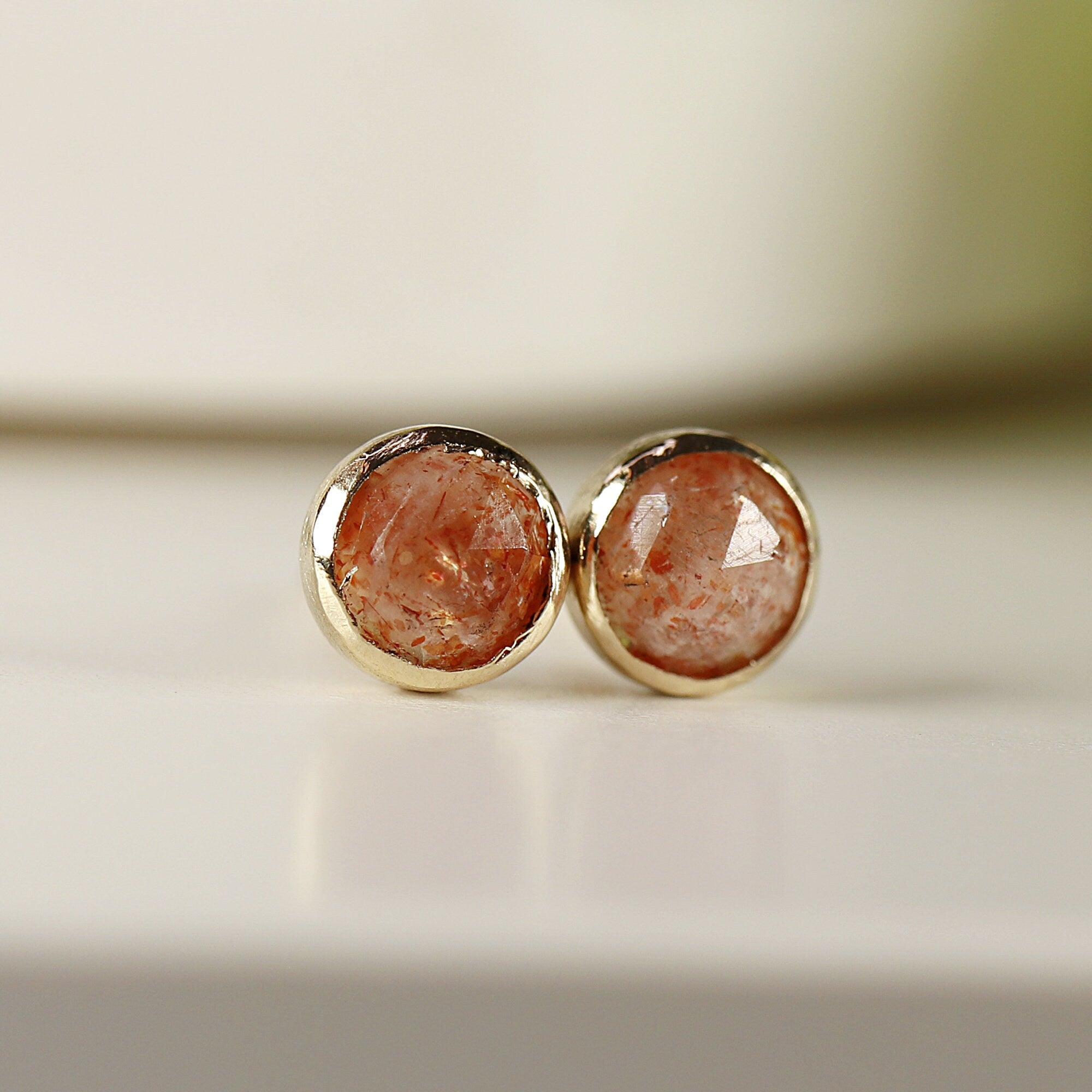 Sunstone Stud Earrings 14k Solid Gold, Sunstone Earrings, Bezel Set Orange Gemstone Earrings, Handmade Jewelry, Gift for Mom