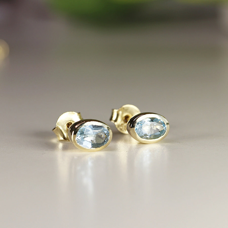 Aquamarine Stud Earrings 14k Solid Gold