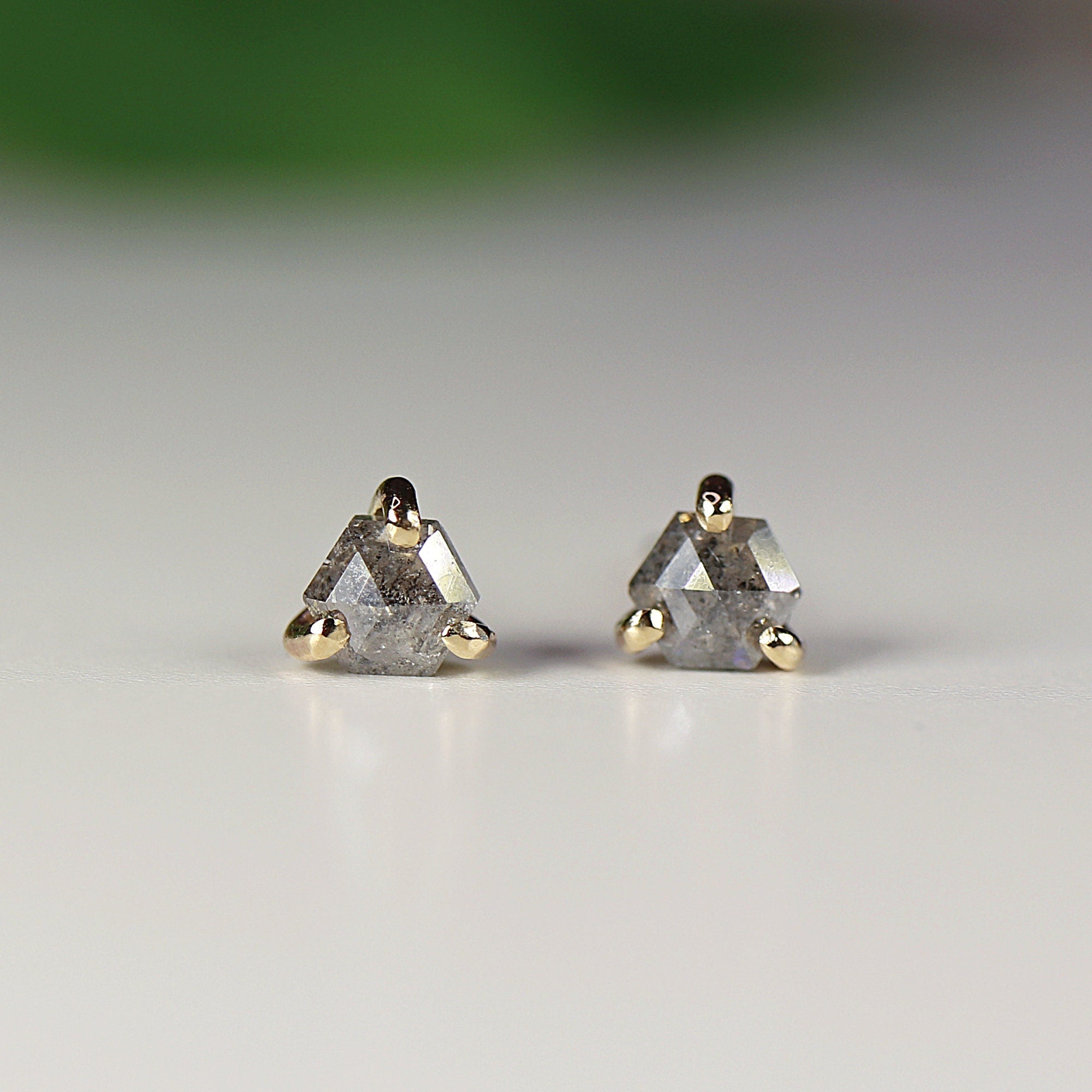 Salt and Pepper Hexagon Diamond Stud Earrings 14k Gold