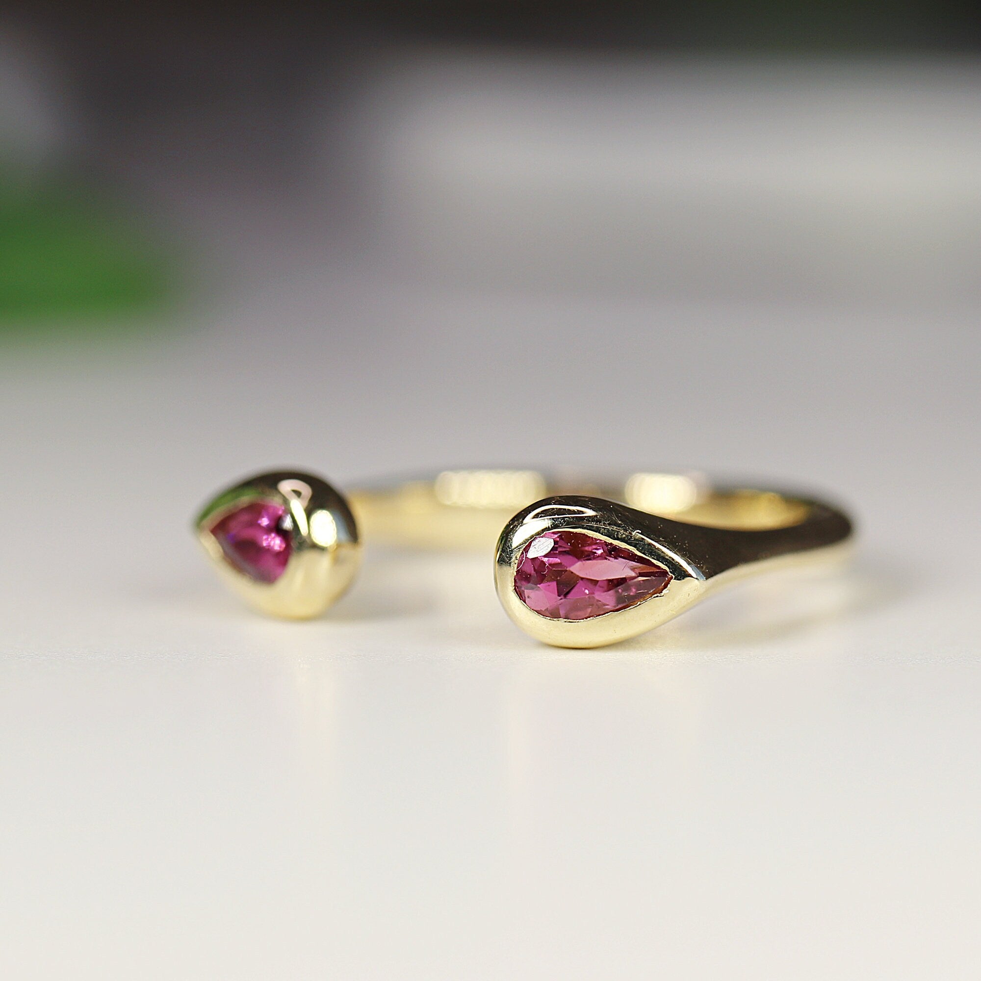 18k Solid Gold Pink Tourmaline Ring, Open Cuff Ring