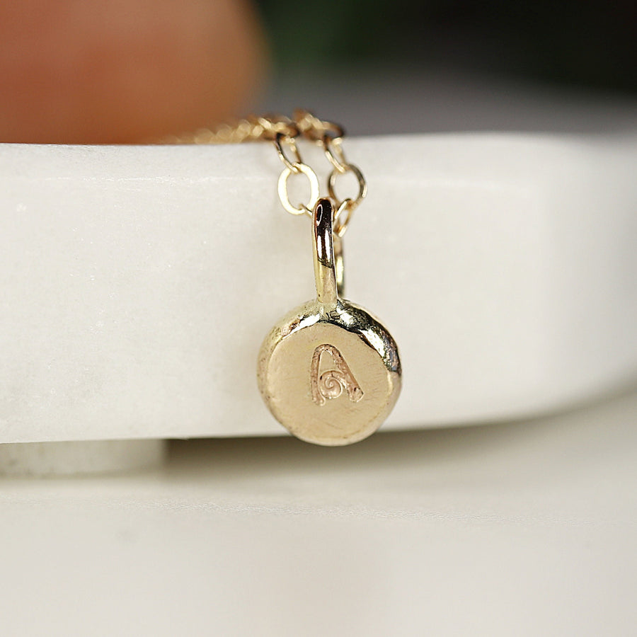 14k Solid Gold Rustic Pebble Initial Necklace