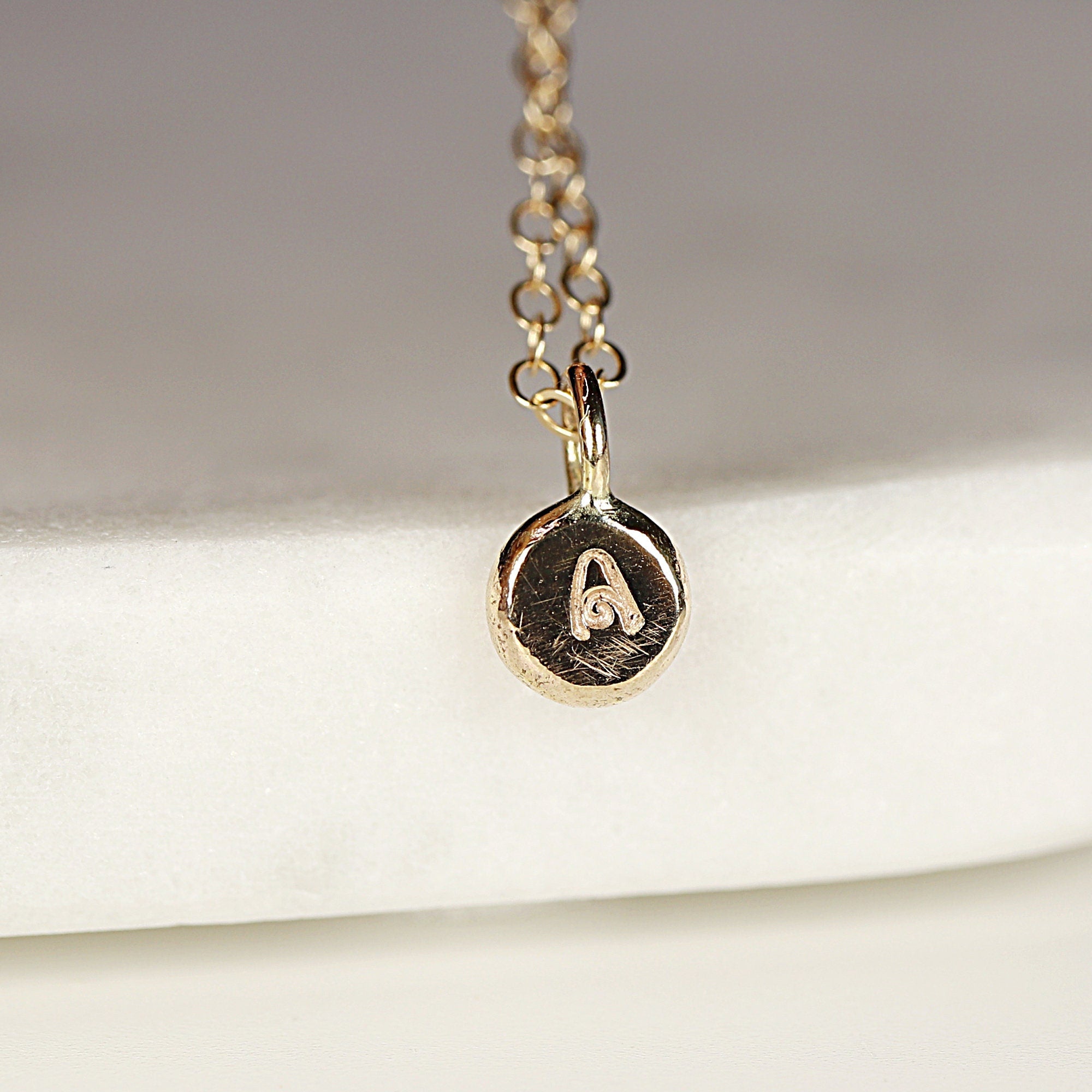 14k Solid Gold Rustic Pebble Initial Necklace