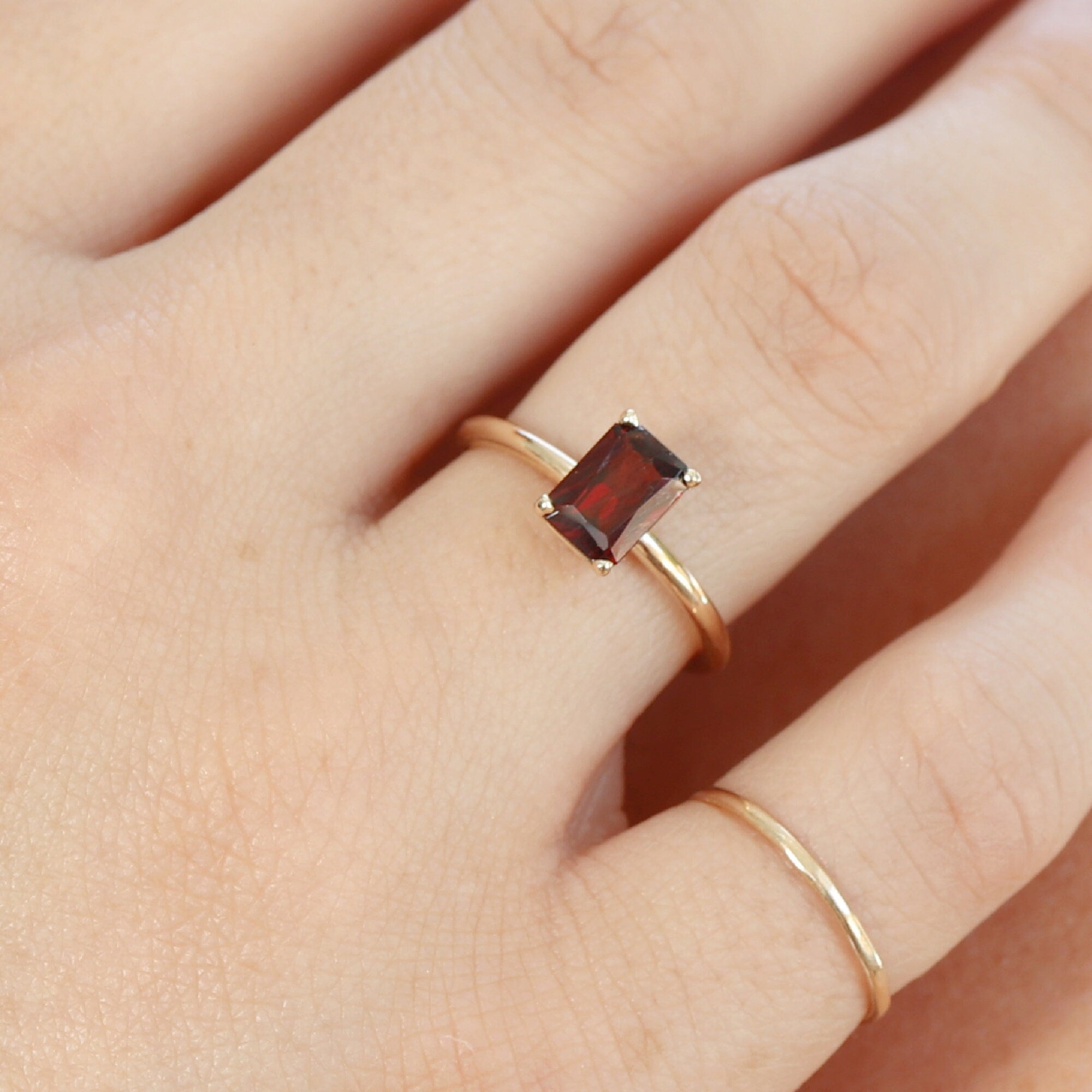 14k Gold Garnet Ring, Emerald Cut Garnet Ring