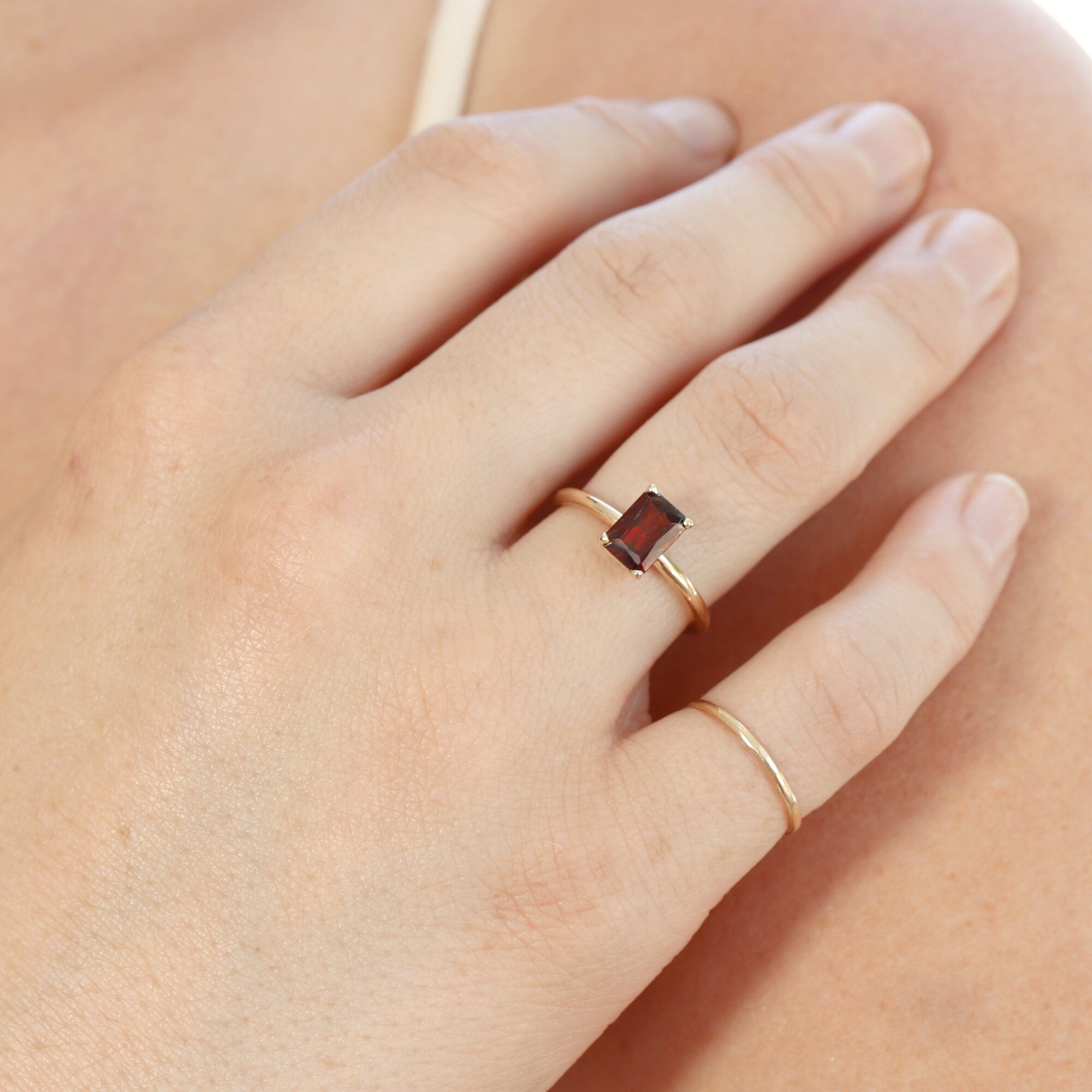 14k Gold Garnet Ring, Emerald Cut Garnet Ring