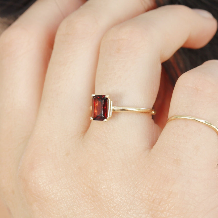 14k Gold Garnet Ring, Emerald Cut Garnet Ring