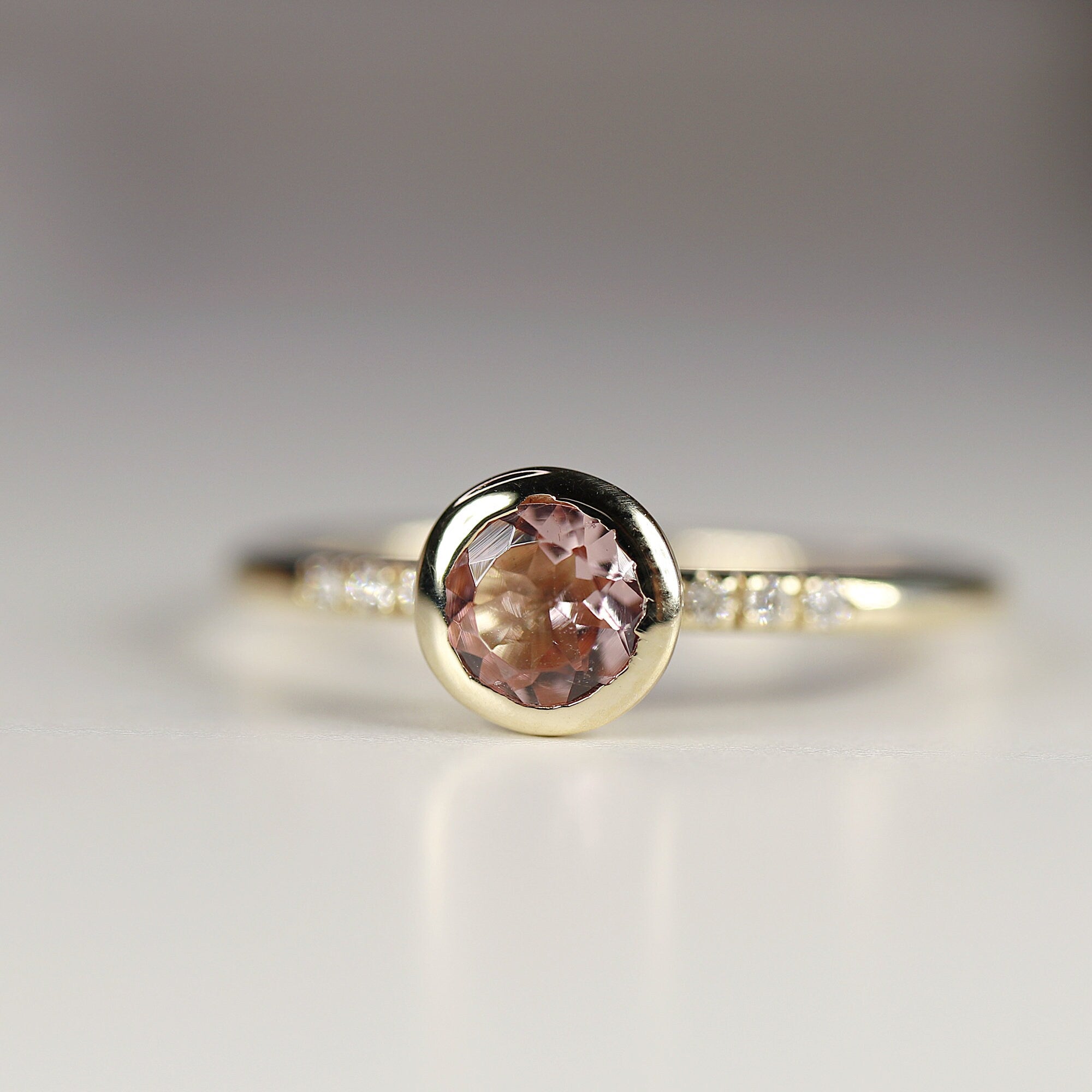 Dainty Pink Tourmaline Ring, 14k Solid Gold Blush Solitaire Ring With Diamonds