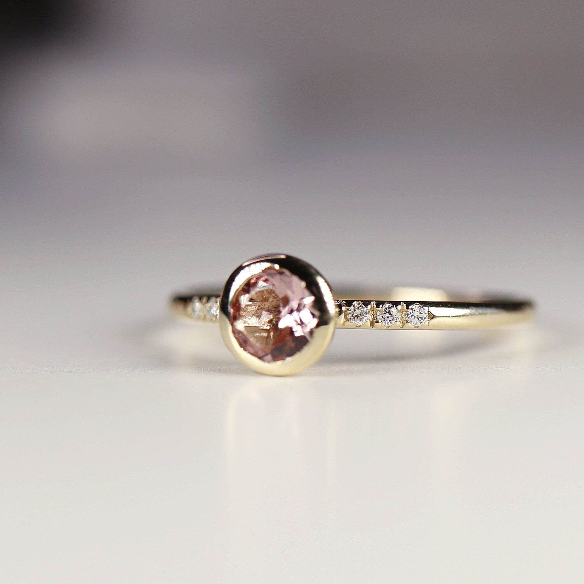 Dainty Pink Tourmaline Ring, 14k Solid Gold Blush Solitaire Ring With Diamonds