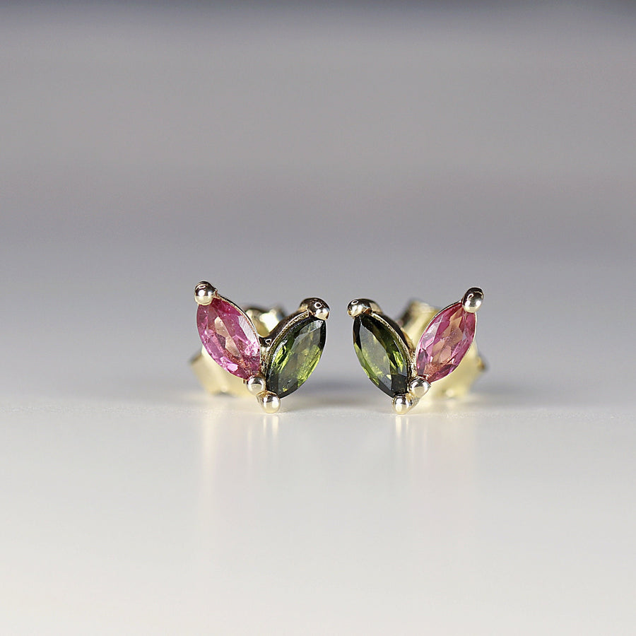 Pink Tourmaline & Green Tourmaline Earrings 14k Solid Gold