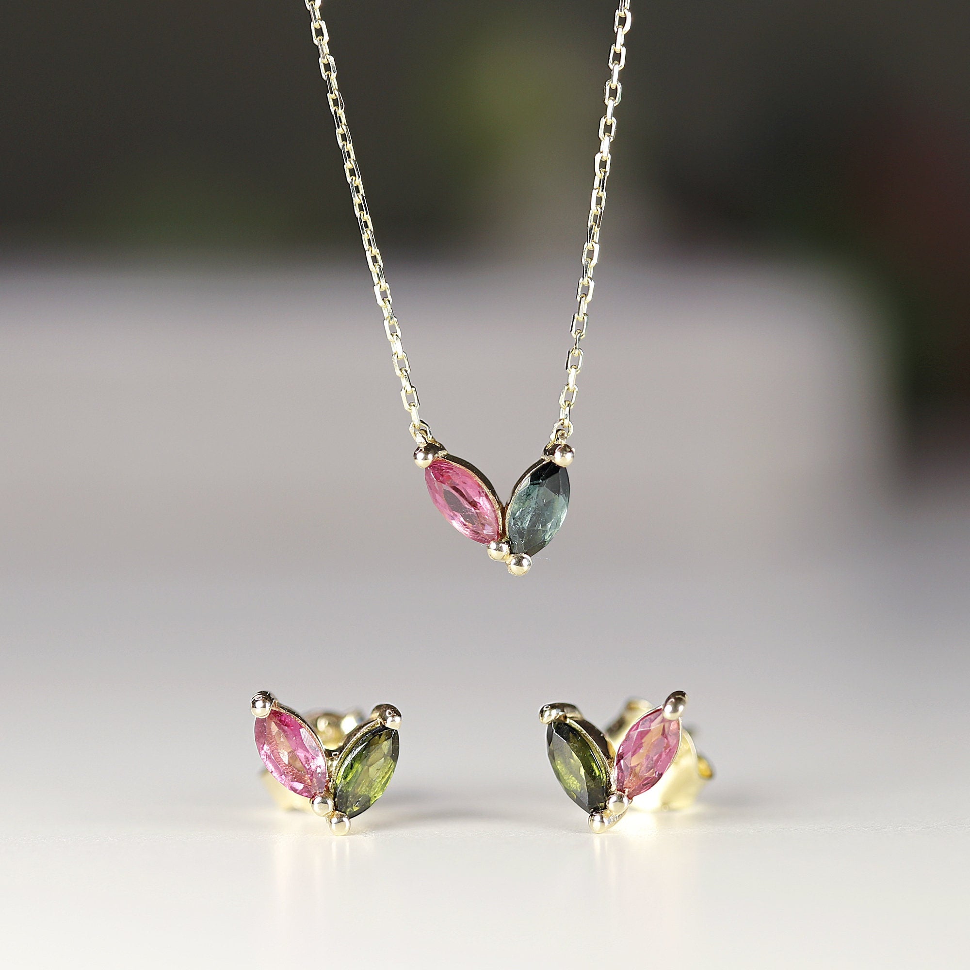 Marquise Pink Tourmaline and Green Tourmaline Necklace 14k Solid Gold