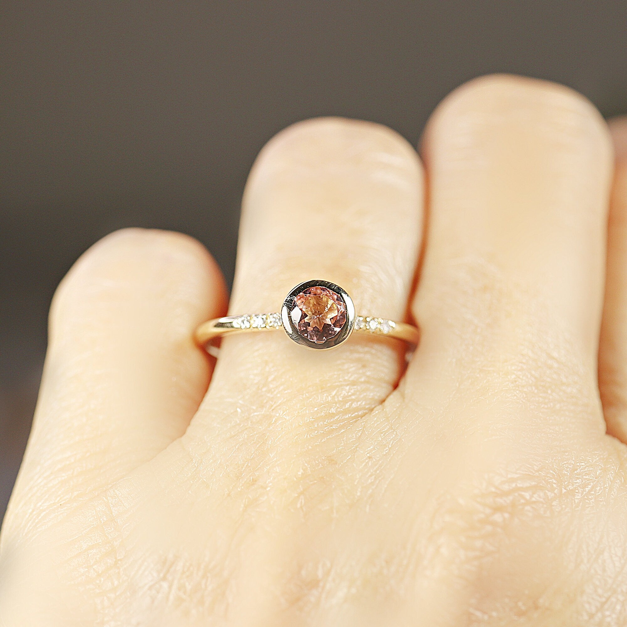 Dainty Pink Tourmaline Ring, 14k Solid Gold Blush Solitaire Ring With Diamonds