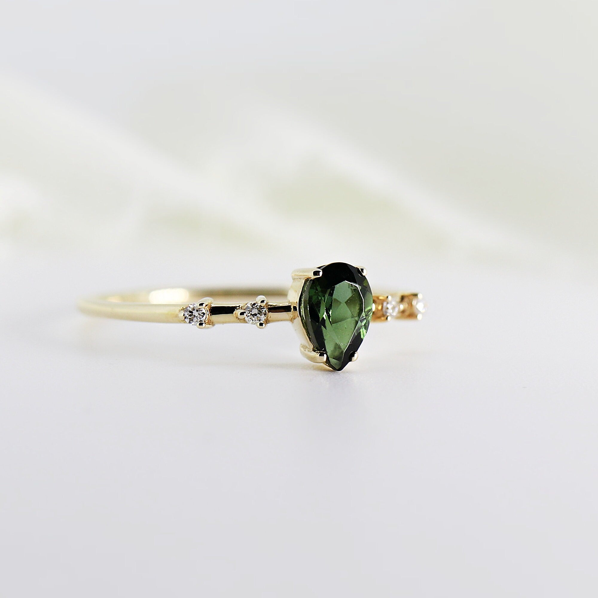 Pear Green Tourmaline w. Diamonds Engagement Ring