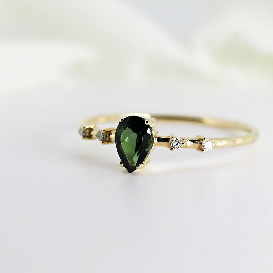 Pear Green Tourmaline w. Diamonds Engagement Ring