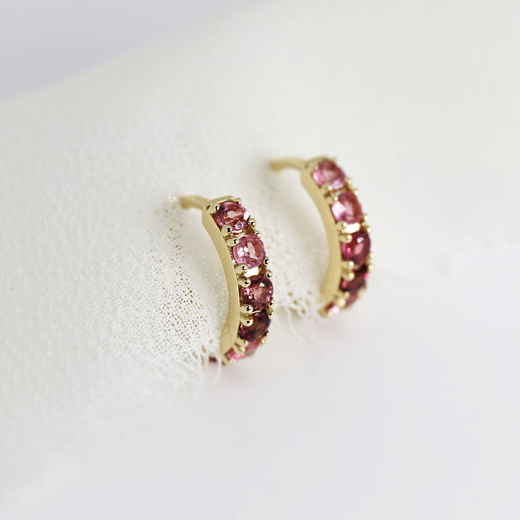 Pink Tourmaline Hoop Earrings 14k Gold