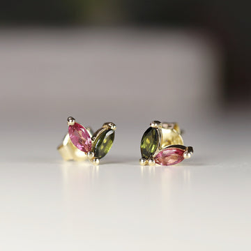 Pink Tourmaline & Green Tourmaline Earrings 14k Solid Gold