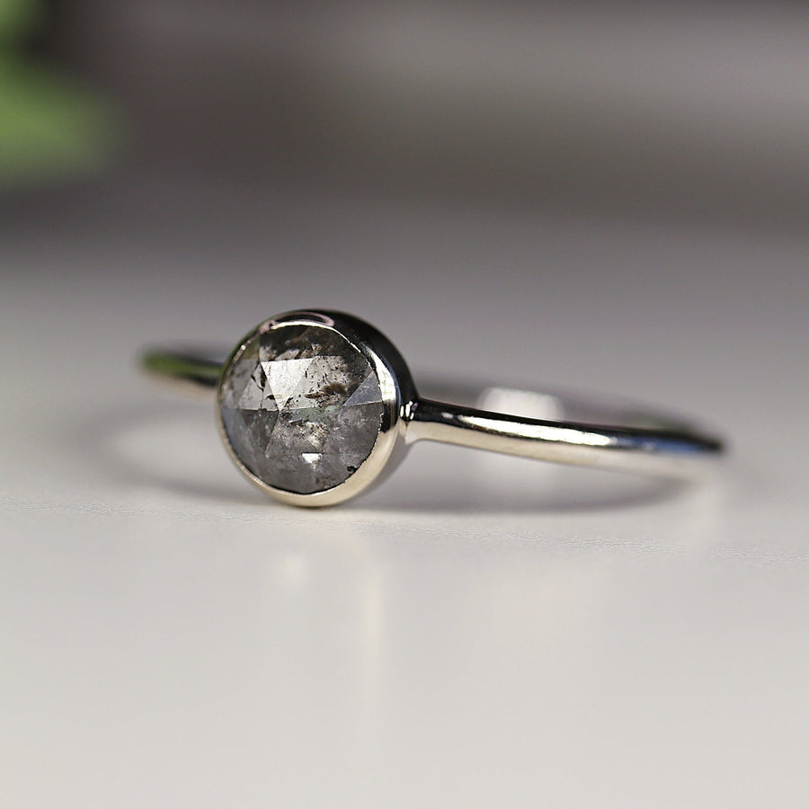 Rose Cut Salt and Pepper Diamond Ring in 14k White Gold
