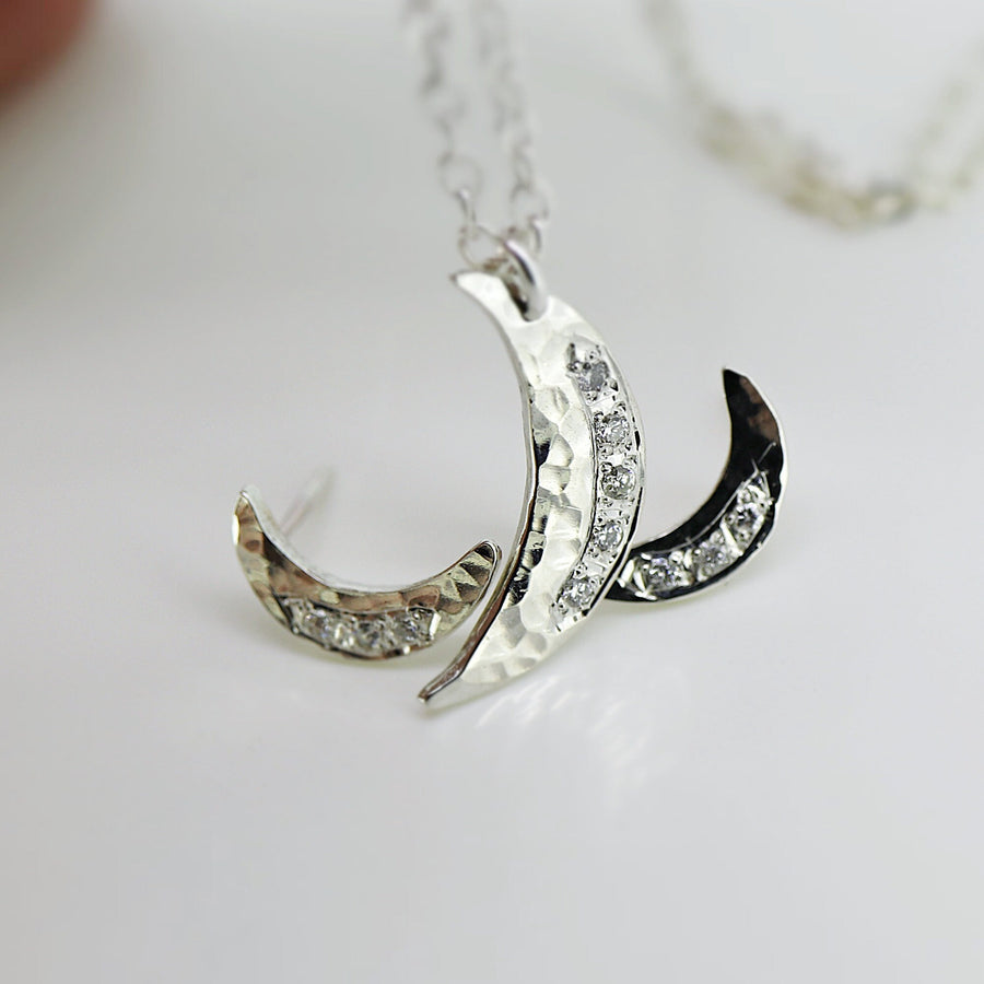 Diamond Crescent Moon Necklace Sterling Silver