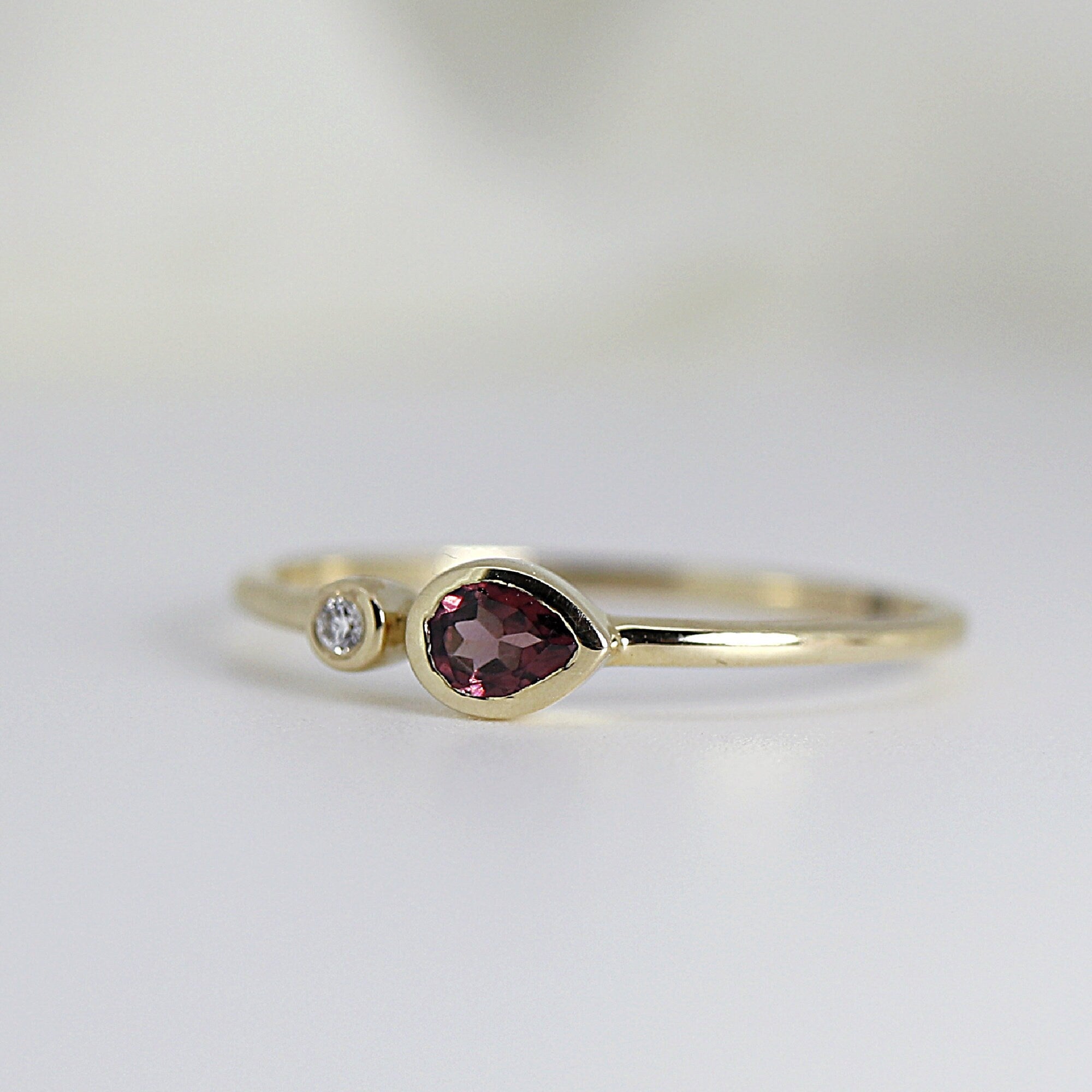 Dual Stone Ring 14k Gold, Diamond and Hot Pink Pear Tourmaline Ring, Double Stone Ring, Mothers Ring, Valentine Gift