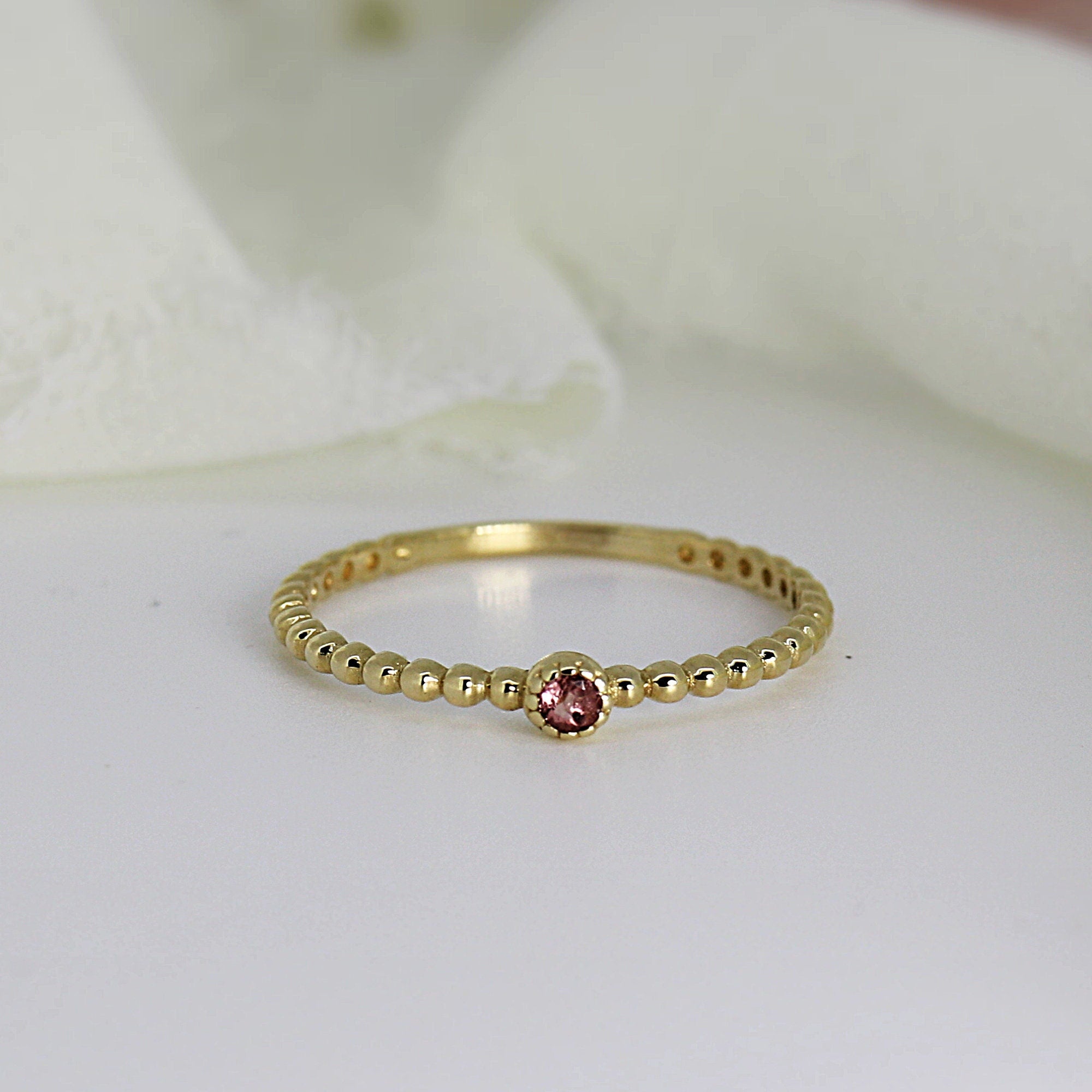 Tiny Birthstone Stacking Ring, 14k Solid Gold Beaded Ring with Gemstone, Dainty Gemstone Ring, Minimal Birthstone Stacking Ring