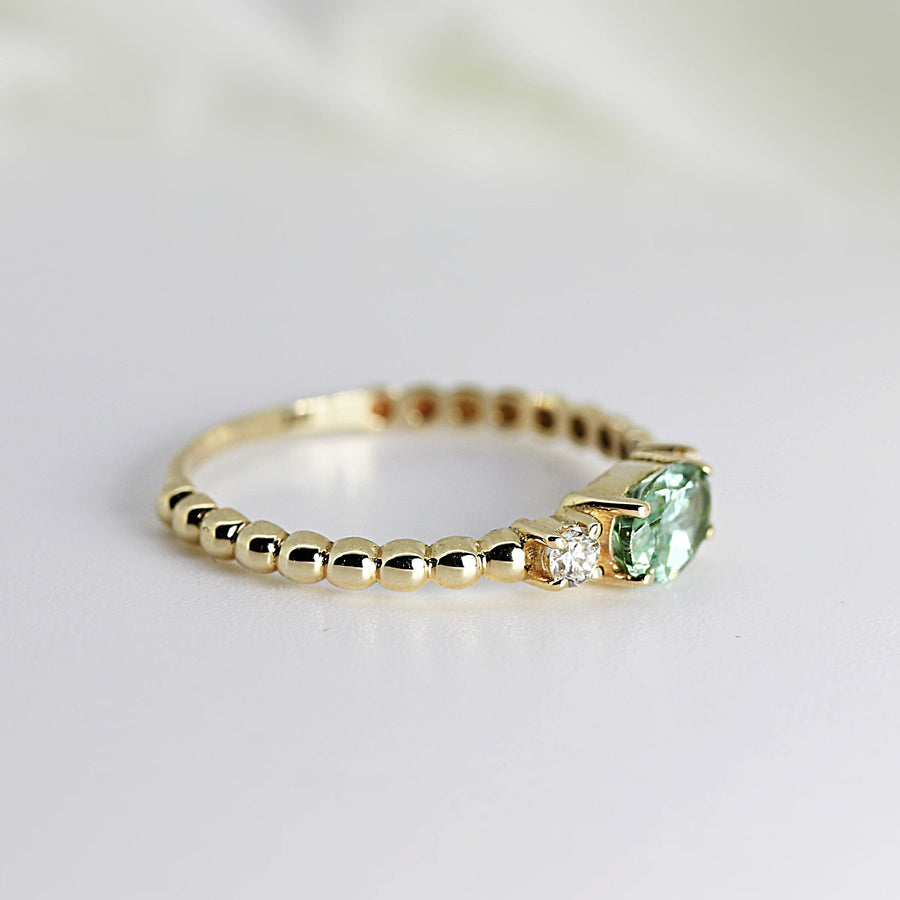 Oval Tourmaline Engagement Ring w. Diamonds, 14k Solid Gold Tourmaline Engagement Ring, 3 Stone Engagement Ring
