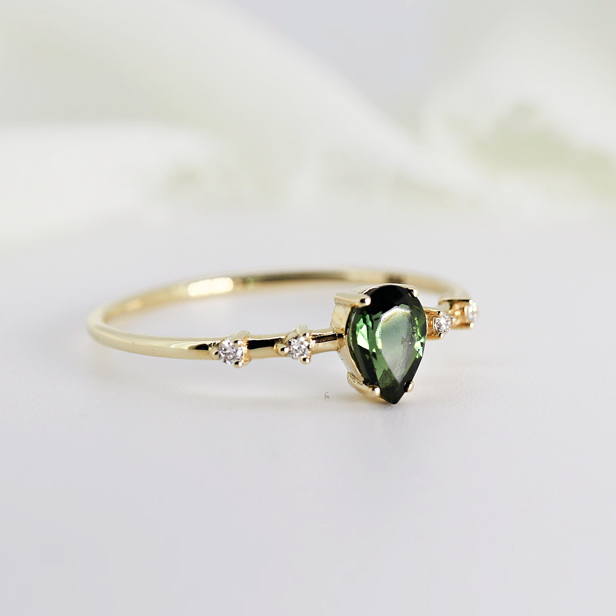 Pear Green Tourmaline w. Diamonds Engagement Ring