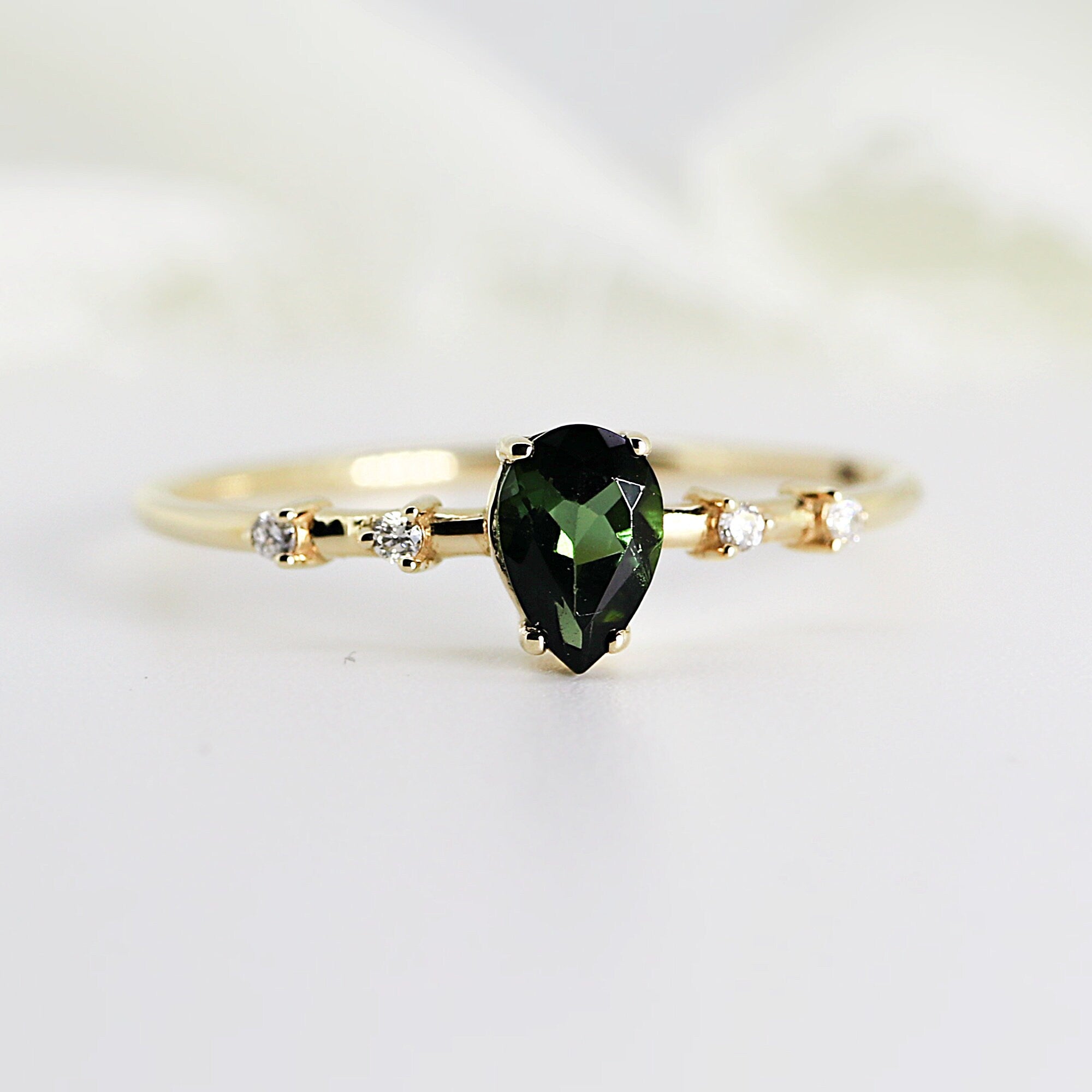 Pear Green Tourmaline w. Diamonds Engagement Ring